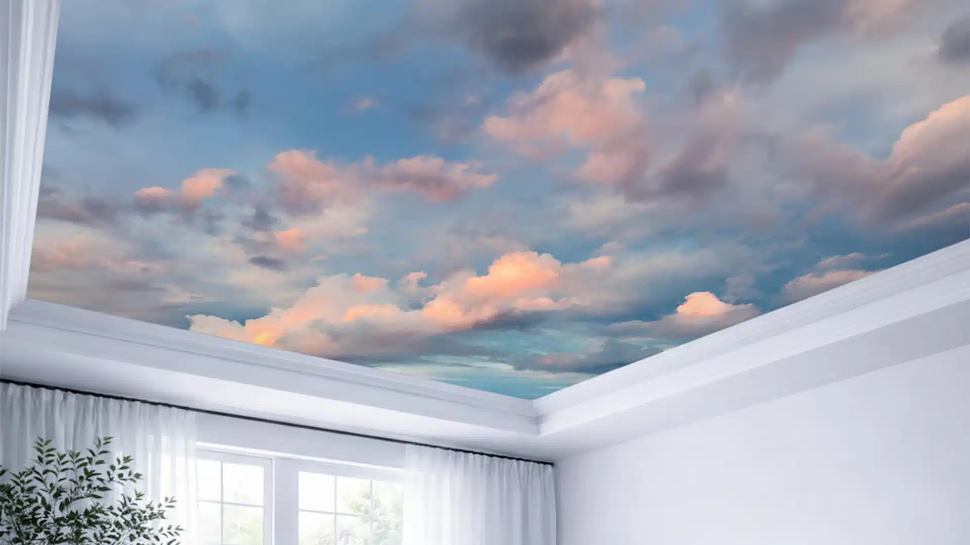 Ceiling wallpaper of a colorful sunset sky with soft clouds viewed from inside a room with white curtains