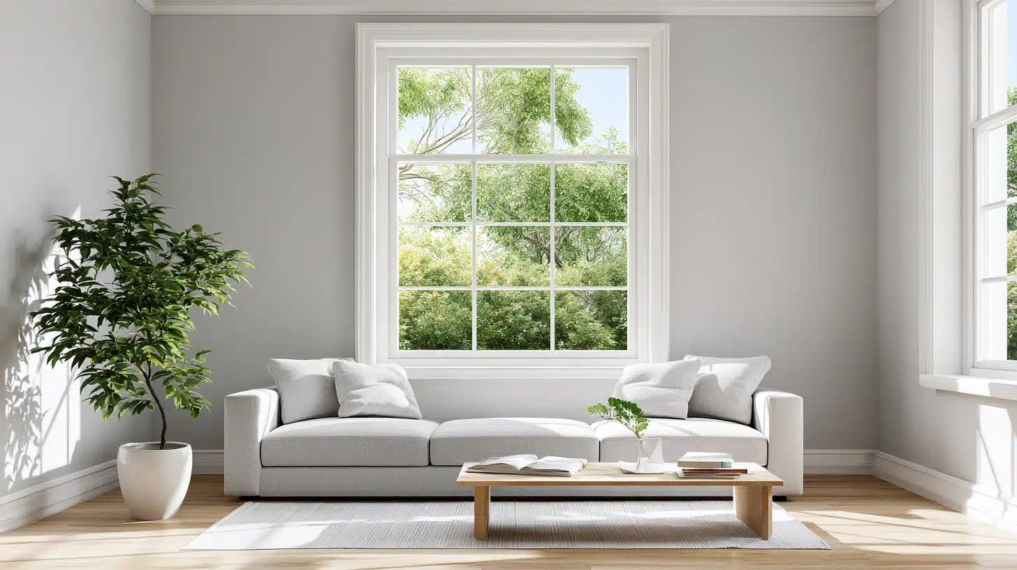 Picture frame window casing with matching white trim on all four sides, creating a clean rectangular frame in a bright modern living room with natural light.