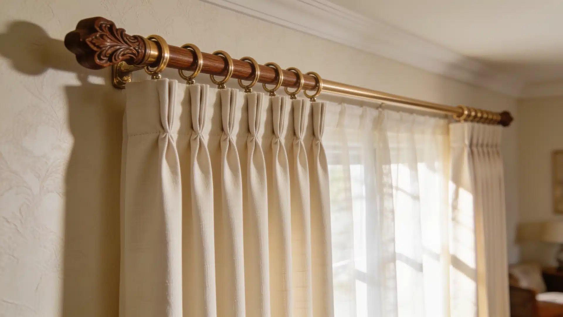 Pinch pleat curtains attached to rings on a decorative rod, creating neat tailored fabric folds