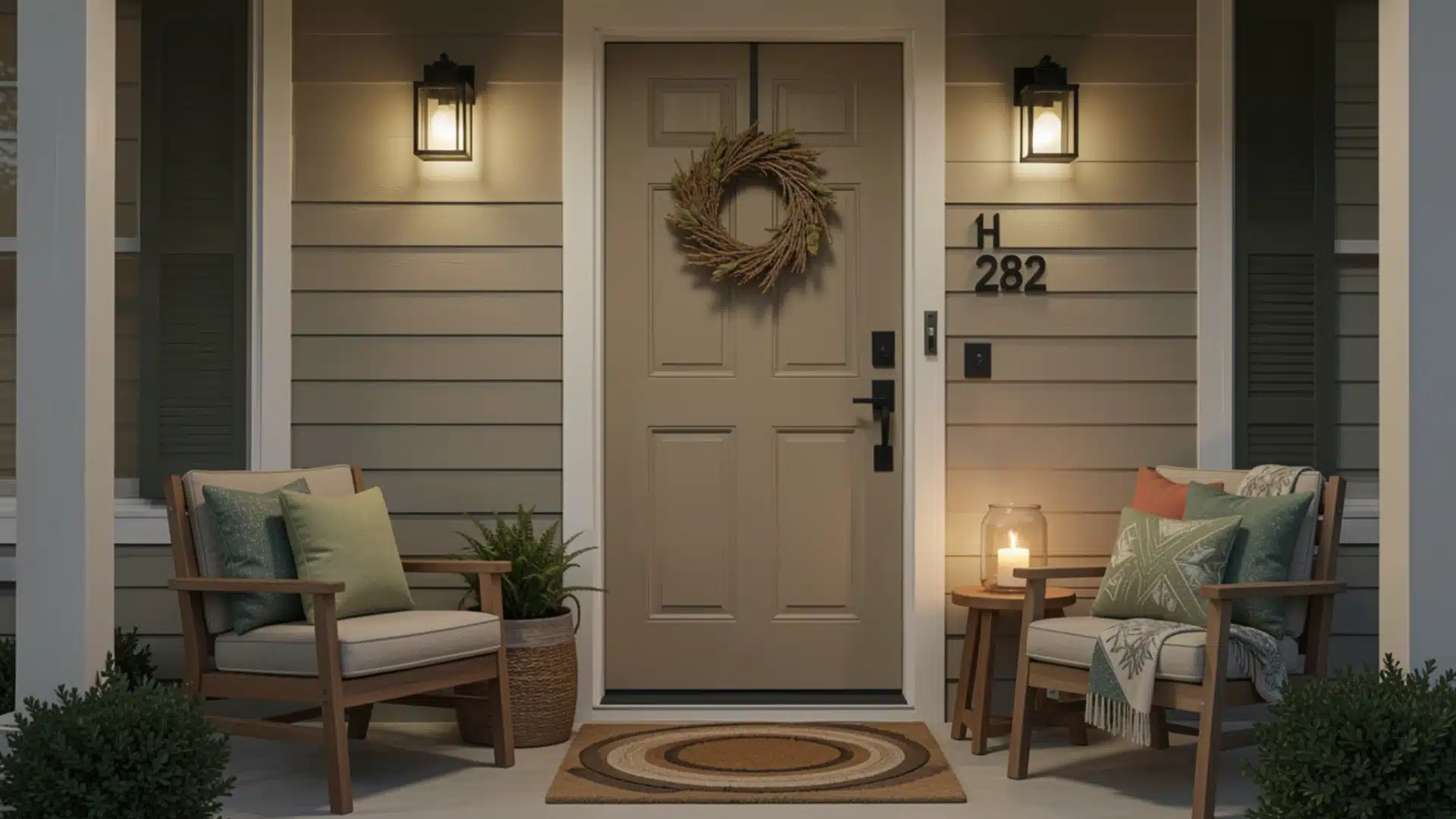Front porch of a house with a wreath, flanked by two chairs, porch lights, and house numbers