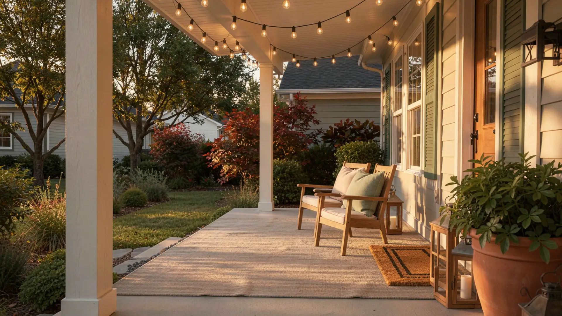 A porch with string lights, two wooden chairs with pillows, and a large potted plant in front of a house