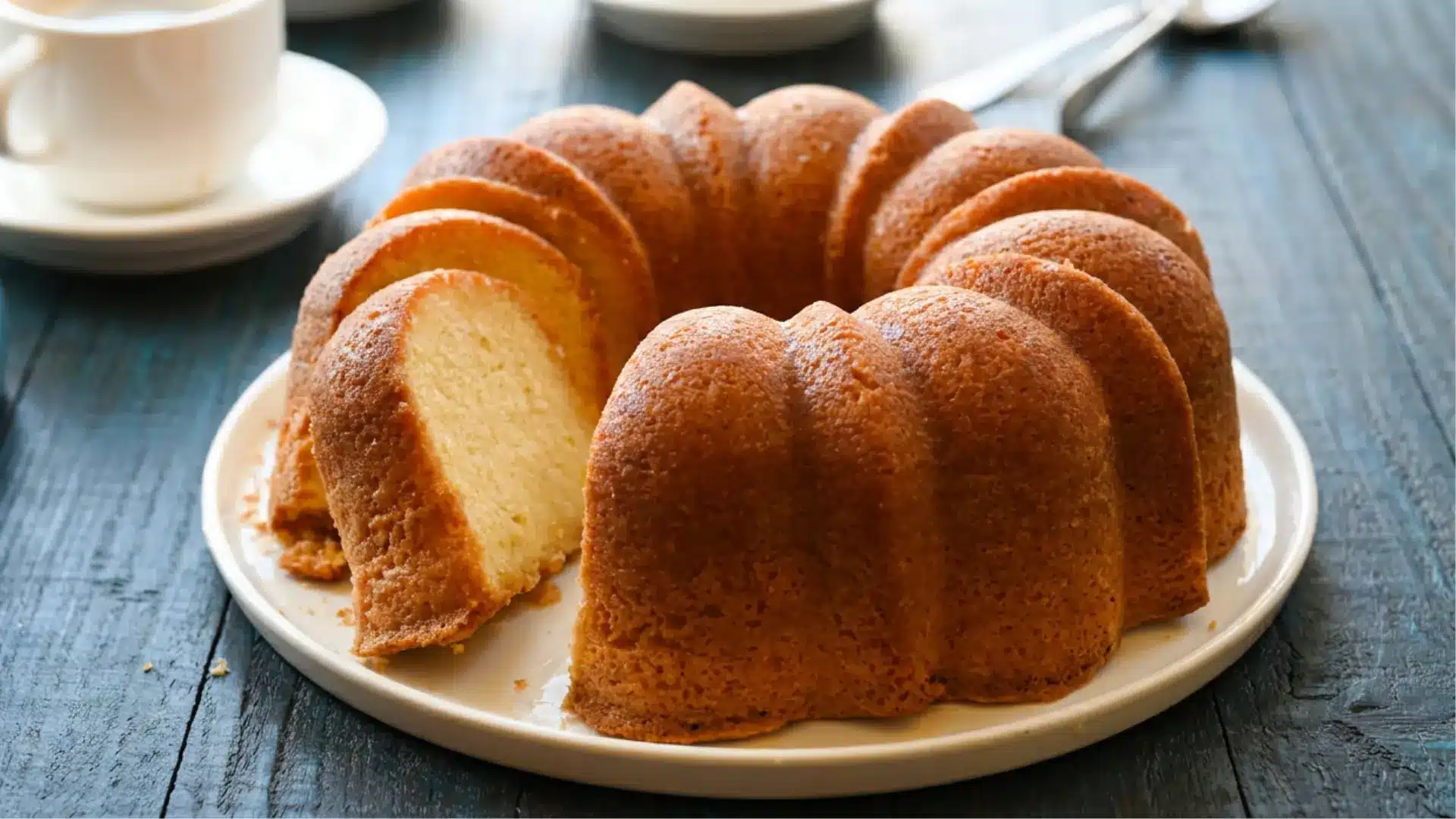 golden pound cake sliced on a white plate with a dense buttery crumb