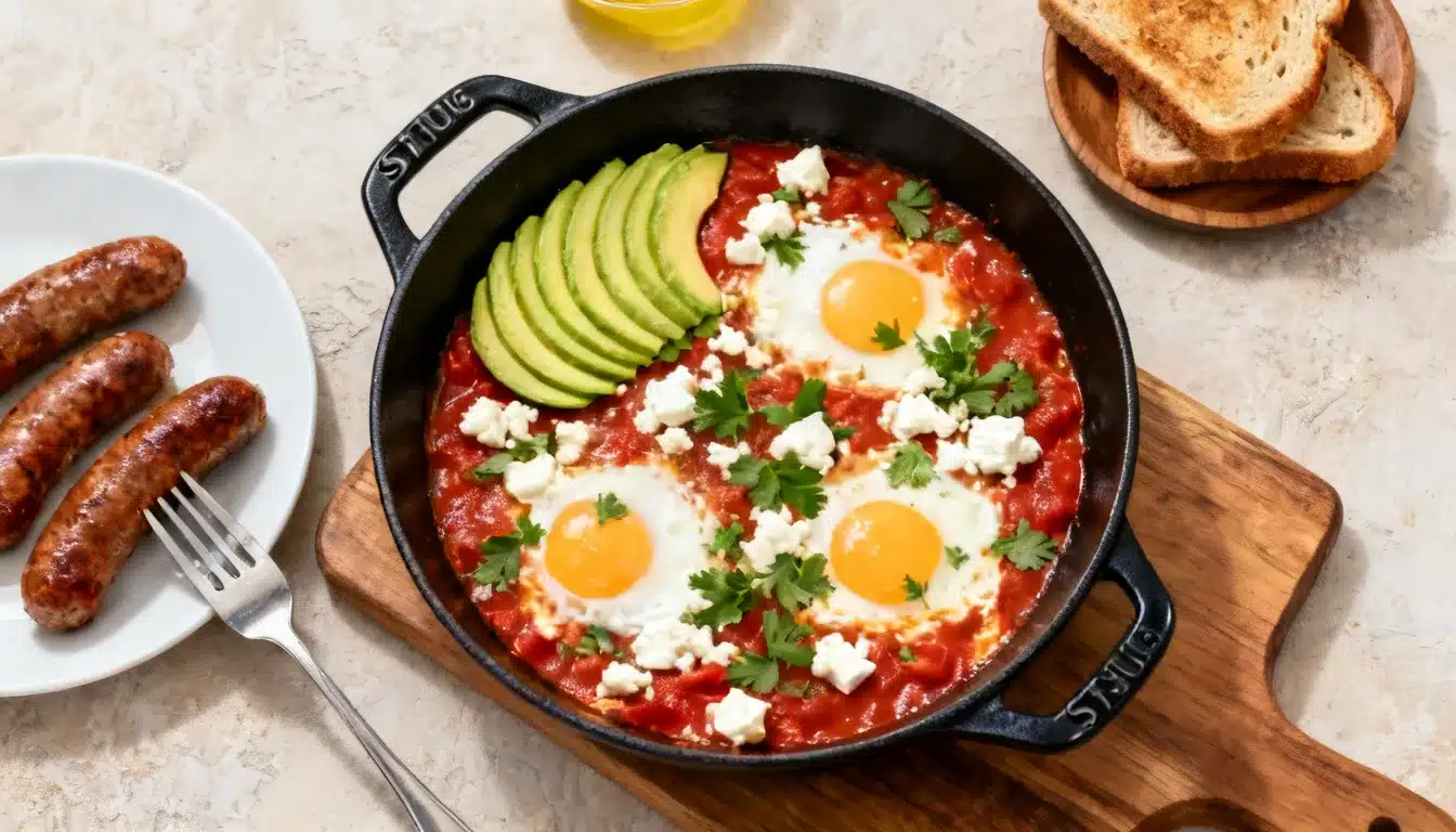 Shakshuka with avocado slices, feta cheese, parsley, sausages, and toast in a cast iron pan.