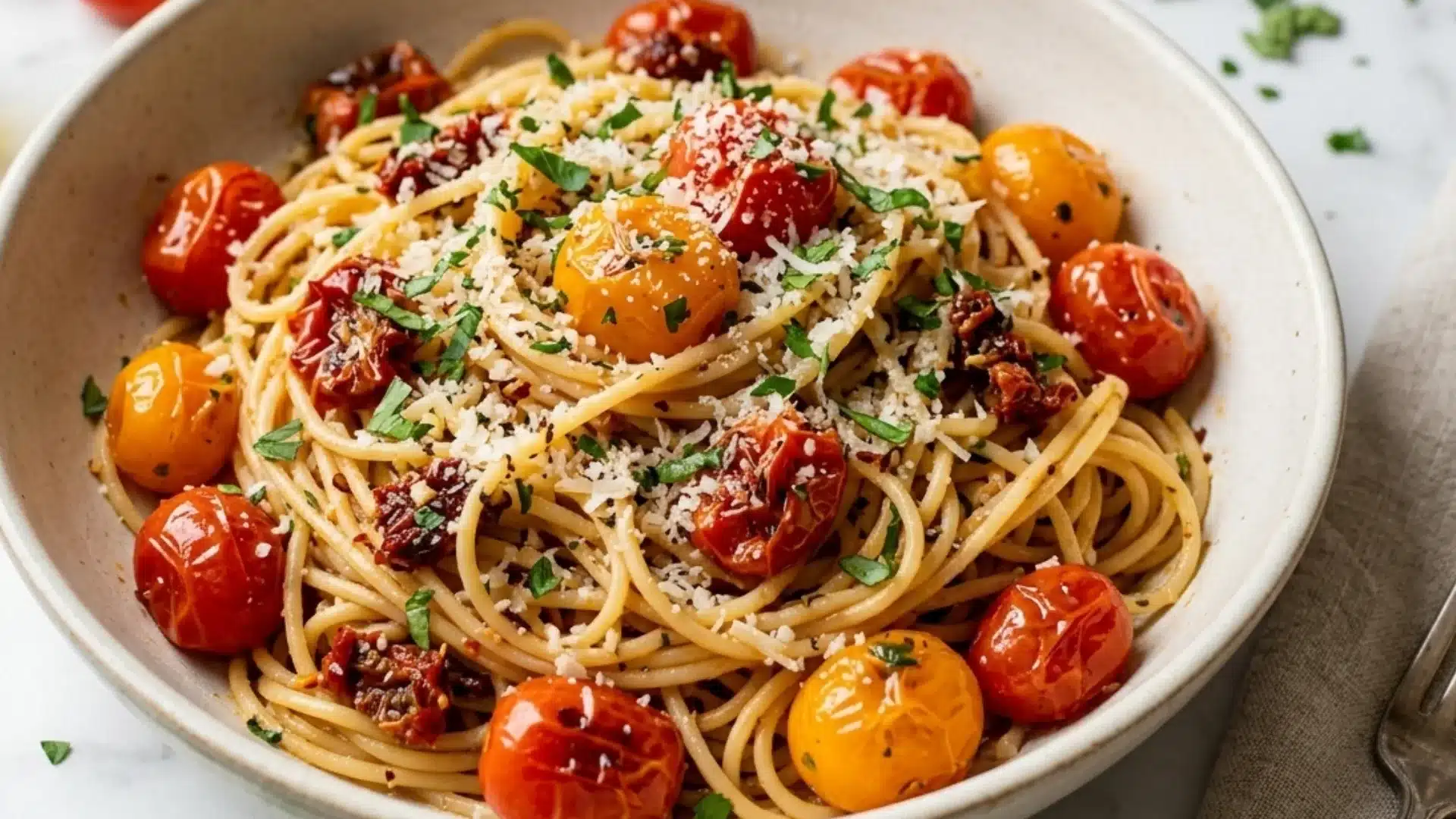 Spaghetti pasta topped with roasted cherry tomatoes, sun-dried tomatoes, shredded cheese, and fresh parsley.