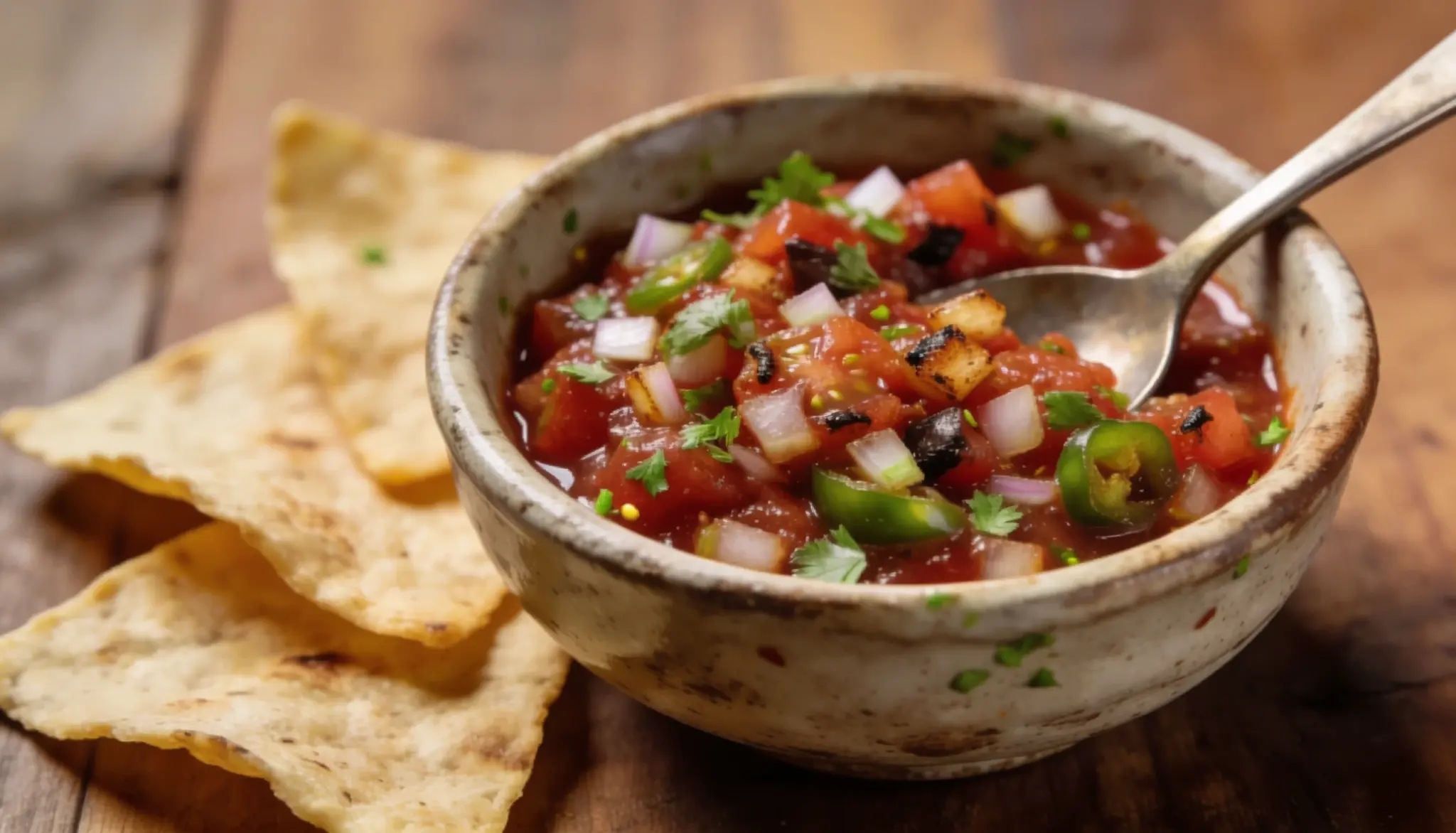 Bowl of roasted tomato salsa topped with diced onions jalapeños cilantro and charred tomatoes served with crispy tortilla chips on a wooden table