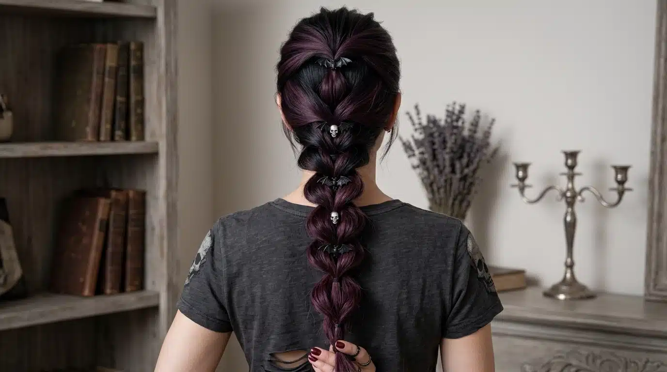 Back view of a braided goth ponytail with dark purple color and skull hair clips.