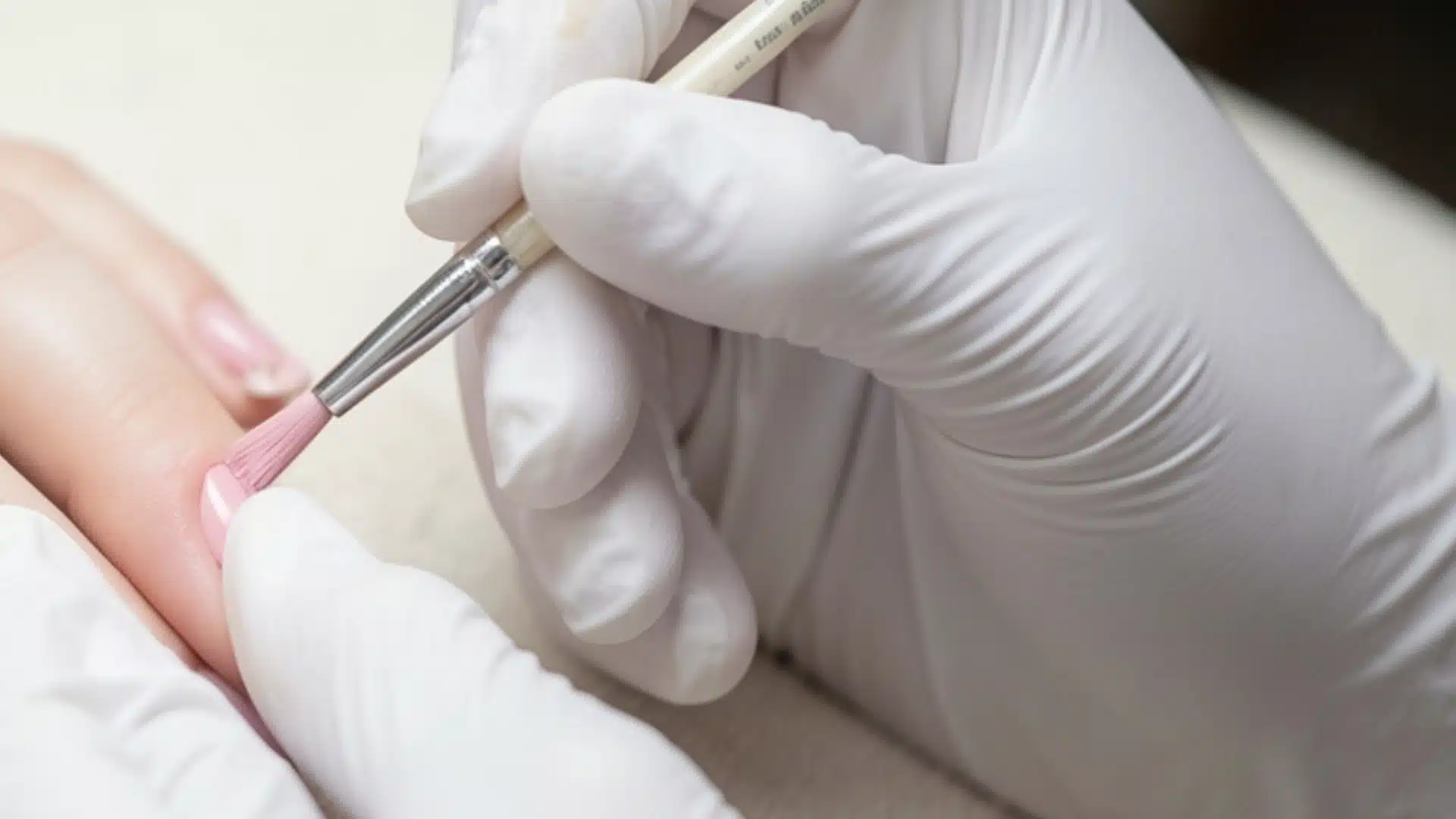 A person receiving a manicure, using a nail brush to apply polish on their nails.