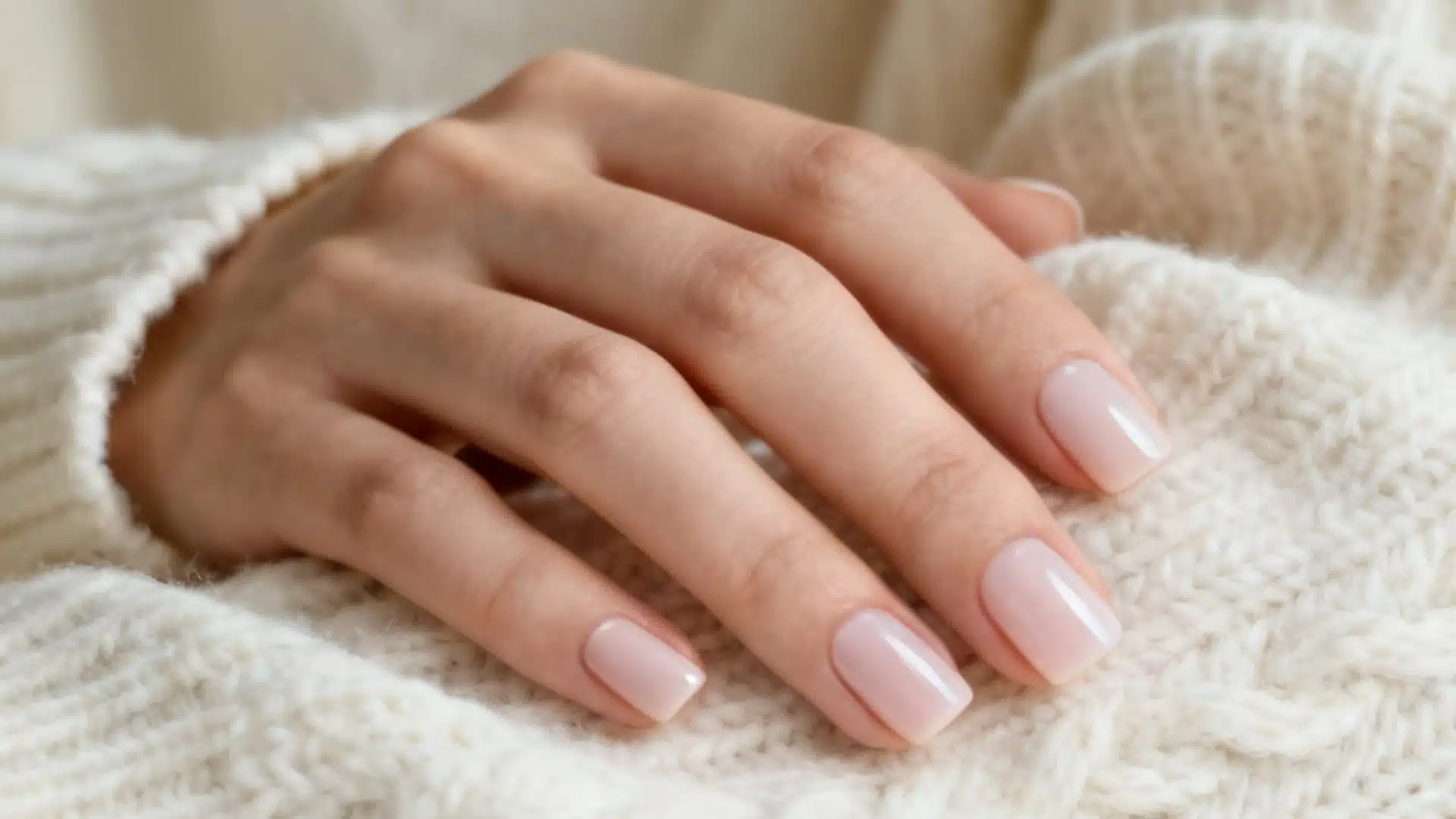 A woman's hand with short, square, light pink polished nails rests on a white cable knit sweater.