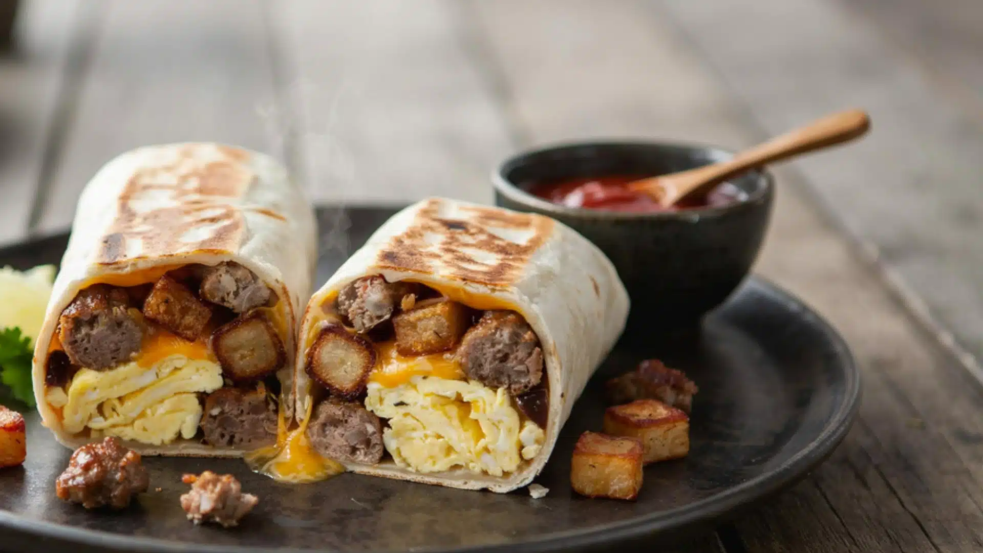 Two breakfast burritos with sausage, eggs, and potatoes are served with a side of salsa.