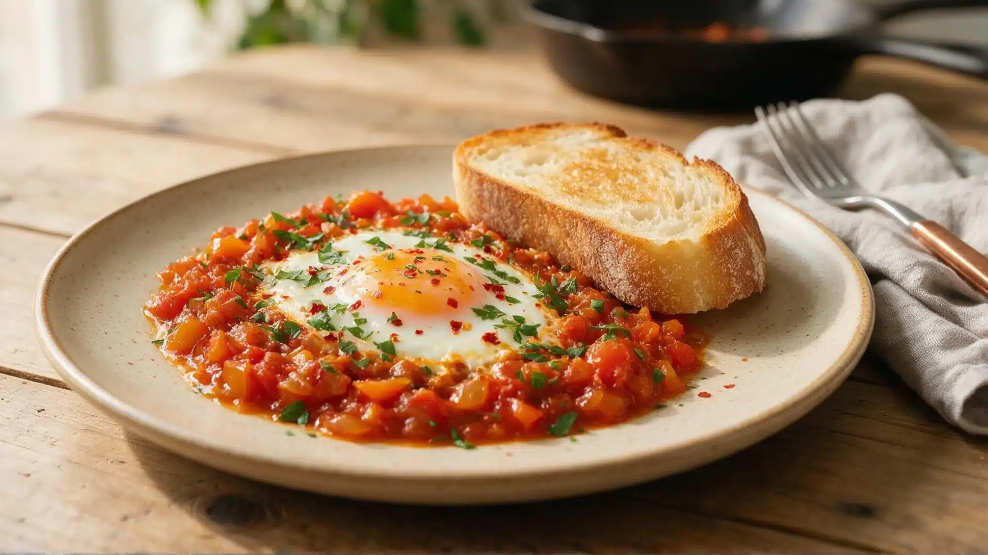 Homemade shakshuka with a baked egg in rich tomato sauce served with toasted crusty bread on a ceramic plate.