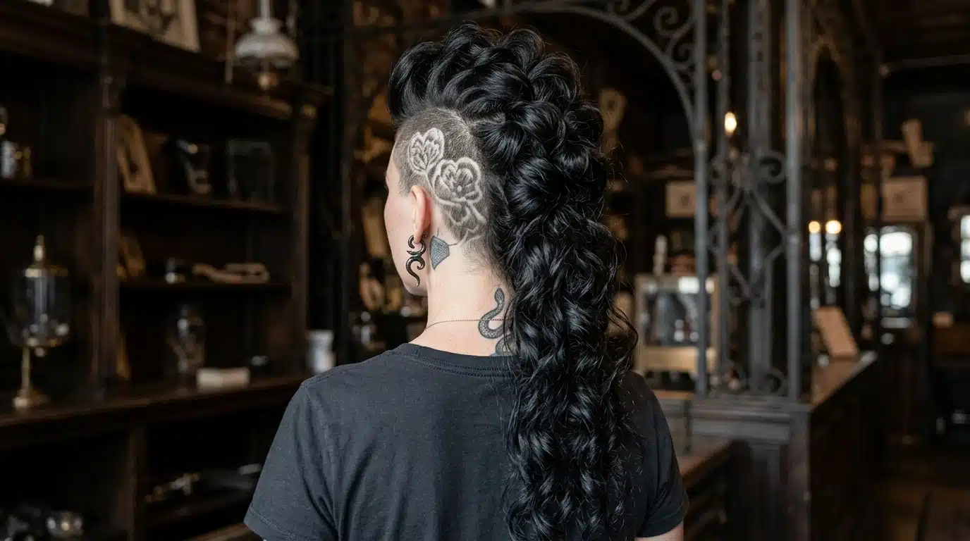 Back view of a braided goth ponytail with dark purple color and skull hair clips.