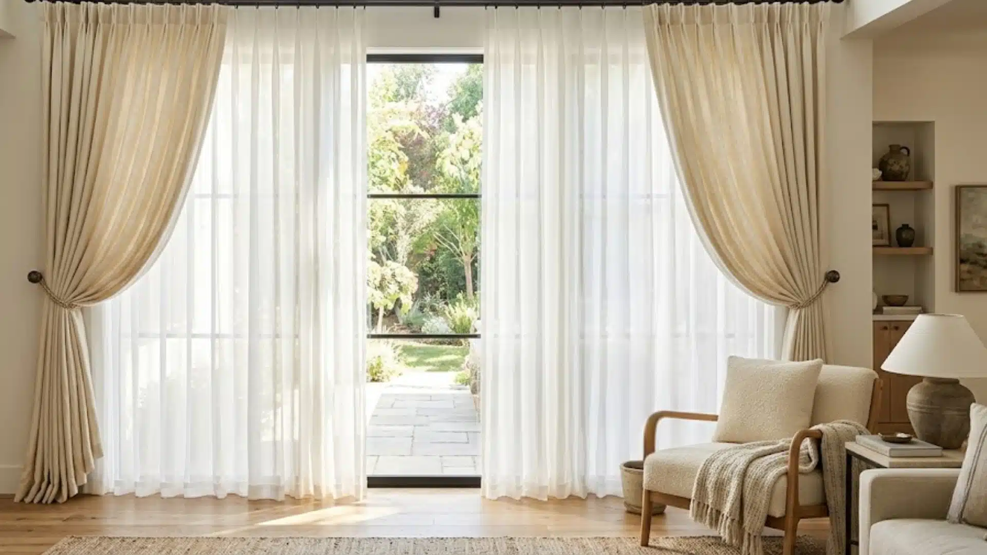 Double rod window treatment with sheer inner curtains and decorative outer drapes in living room