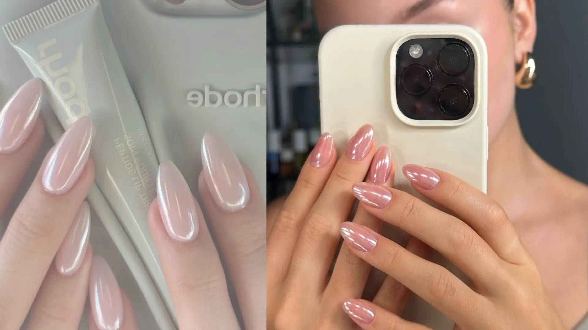 Short glossy neutral nails in sheer pink on oval shape with gold ring
