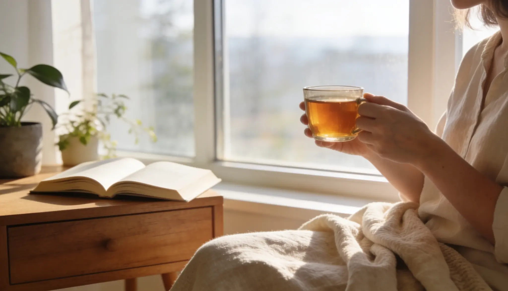 slow living moment with a person enjoying tea by a sunny window beside an open book