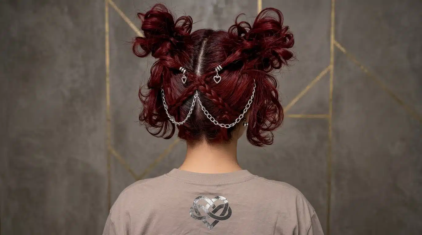 Back view of space buns styled with dark hair accessories.