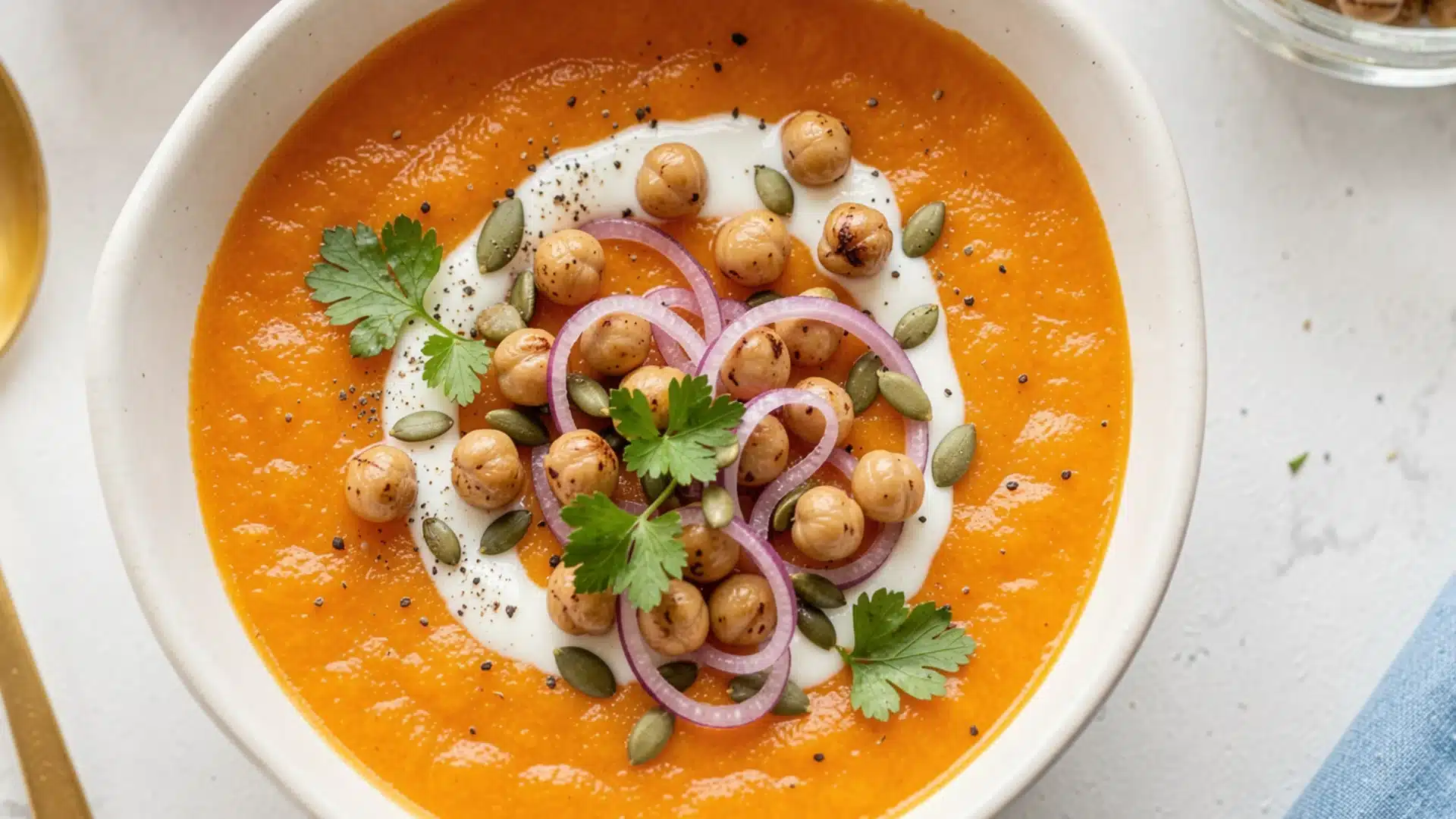 A bowl of chickpea soup garnished with lemon slices and a sprinkle of cinnamon, showcasing vibrant colors and textures.