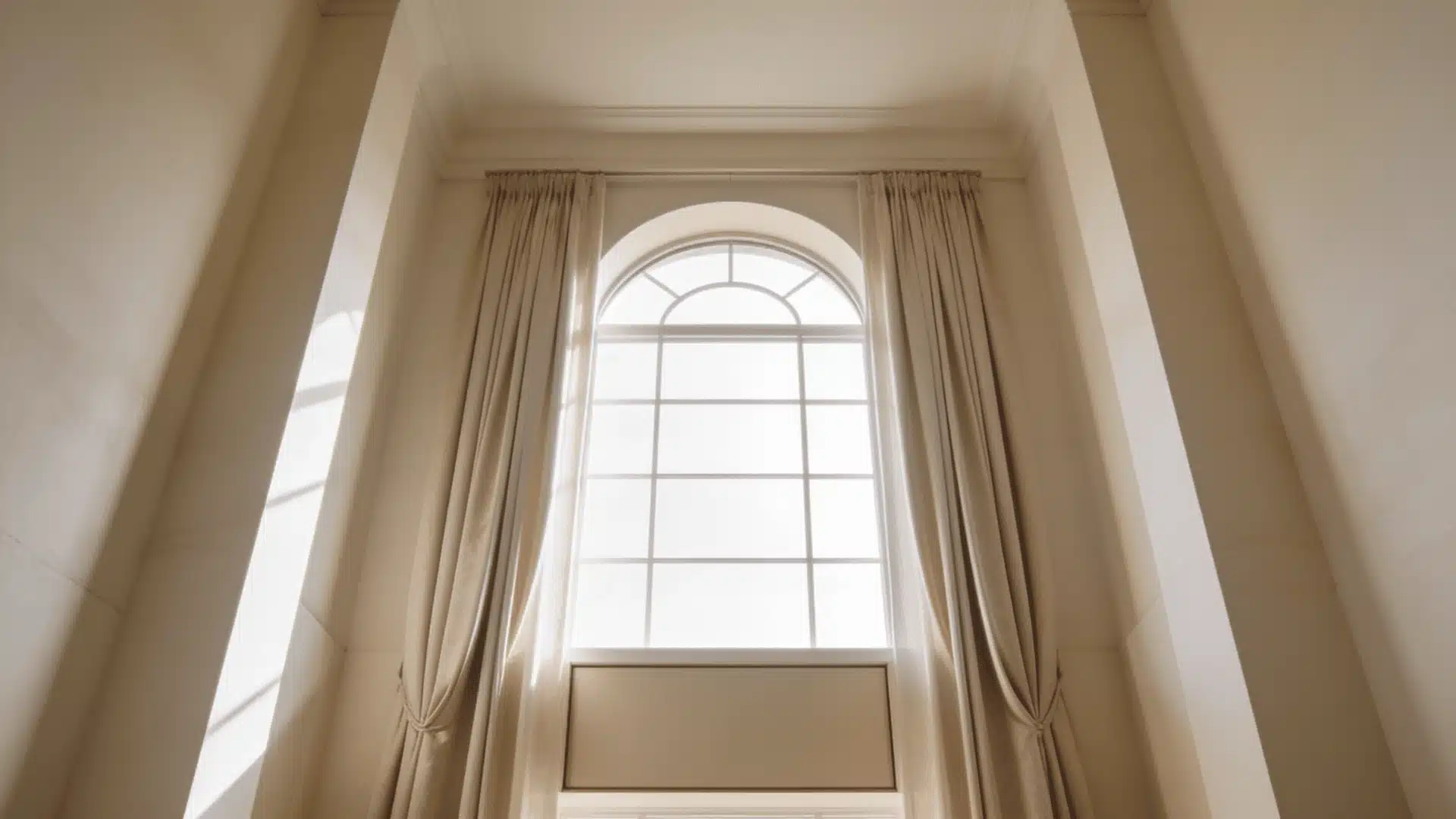 Tall arched window with beige curtains framing bright natural light