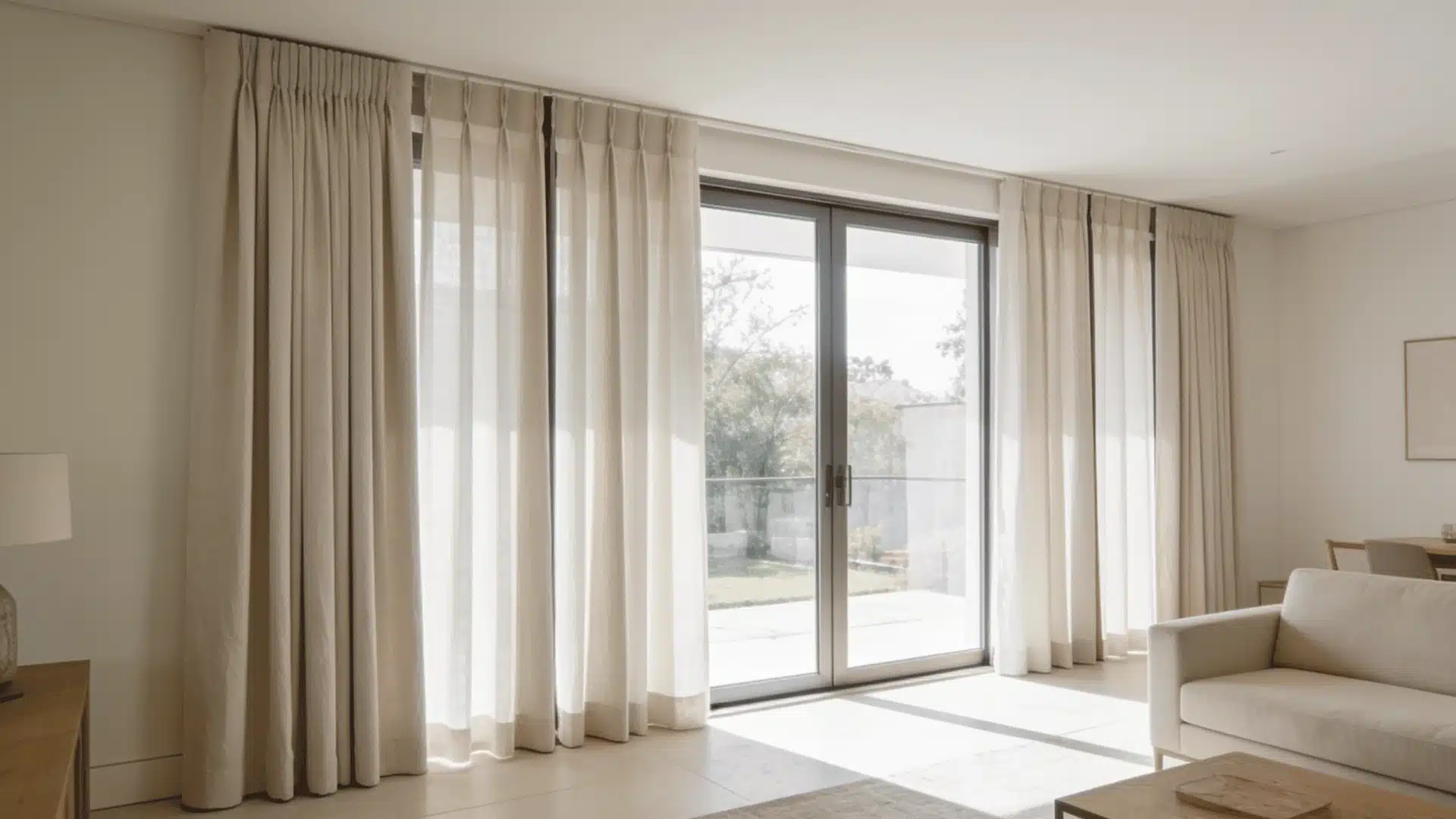 Sliding glass door with full length sheer and beige curtains