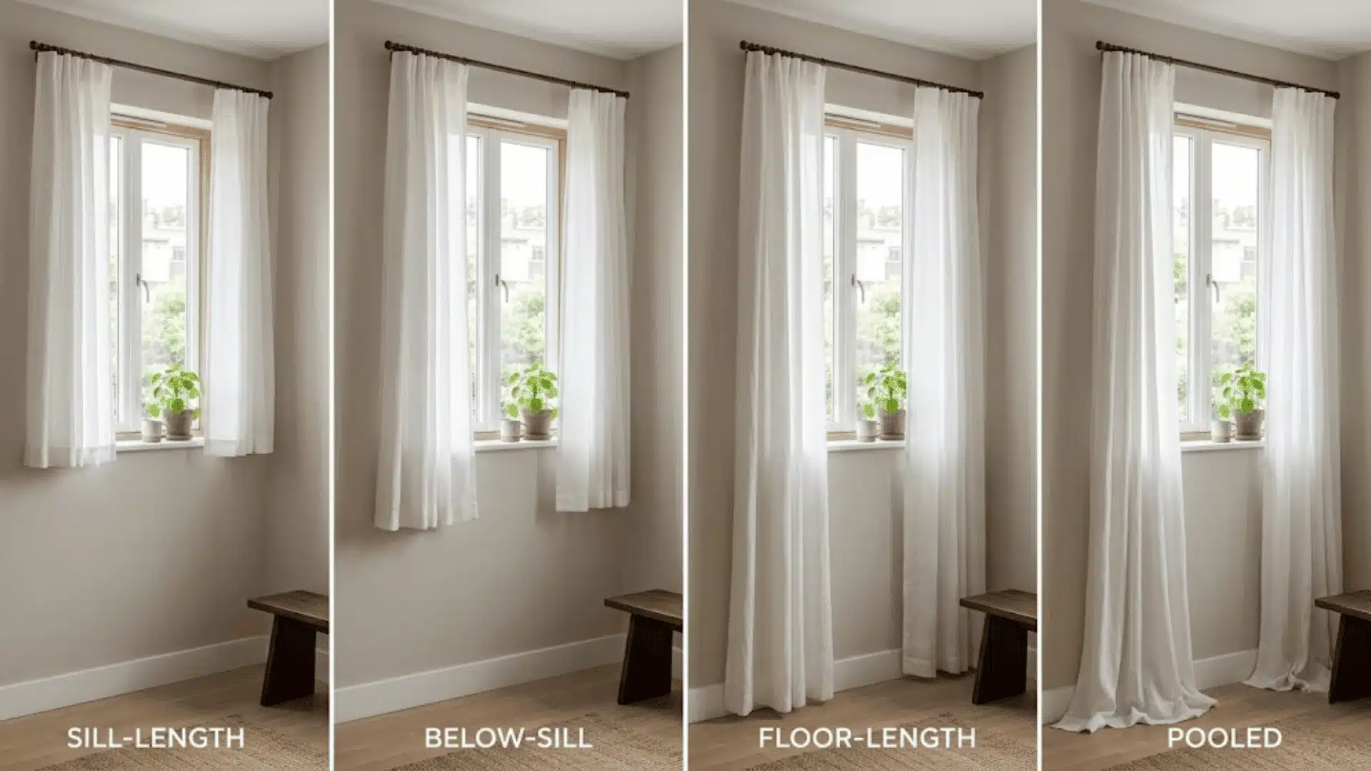 Curtain length comparison showing sill, below sill, floor length and pooled styles