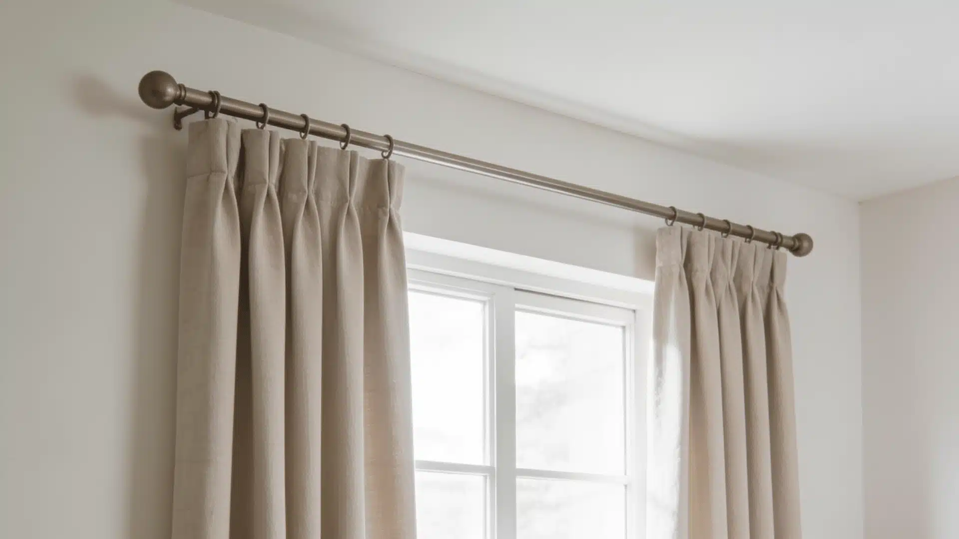 Close view of curtain rod with beige panels hung above window
