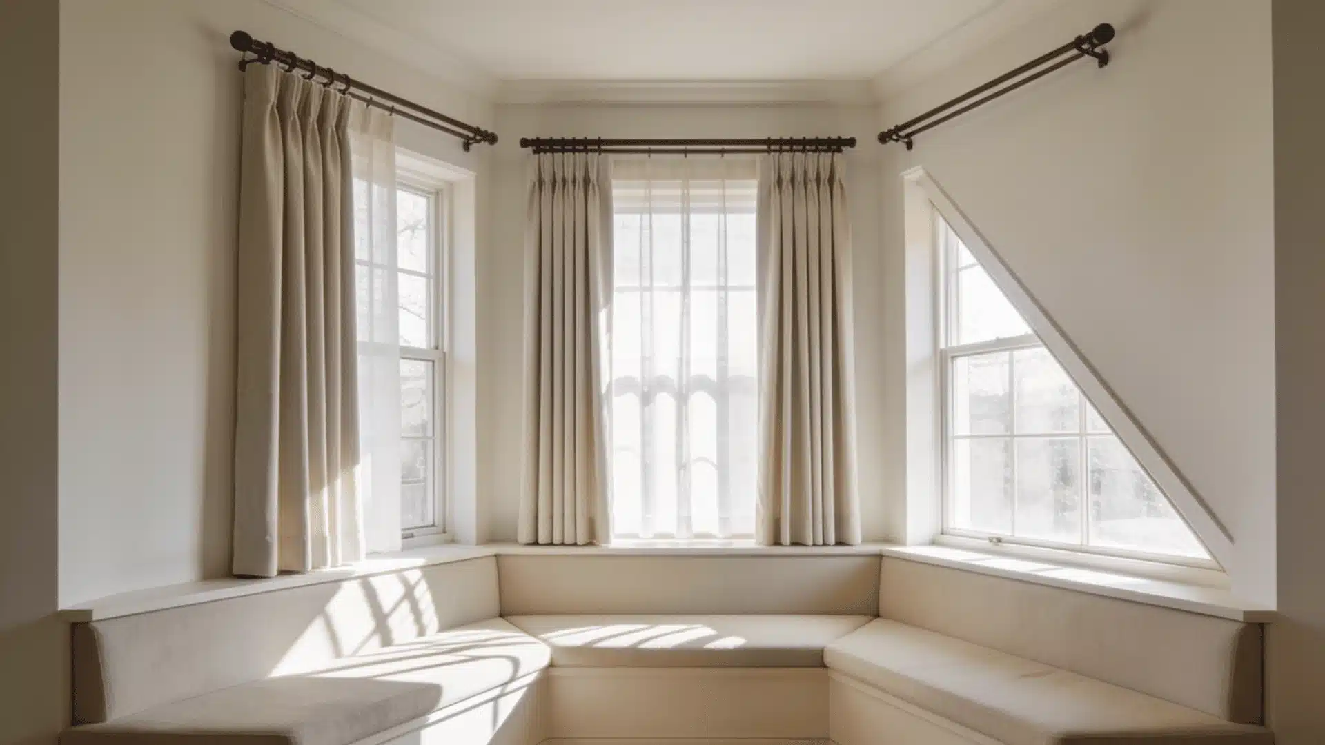 Bay window seating area with short beige curtains and soft daylight