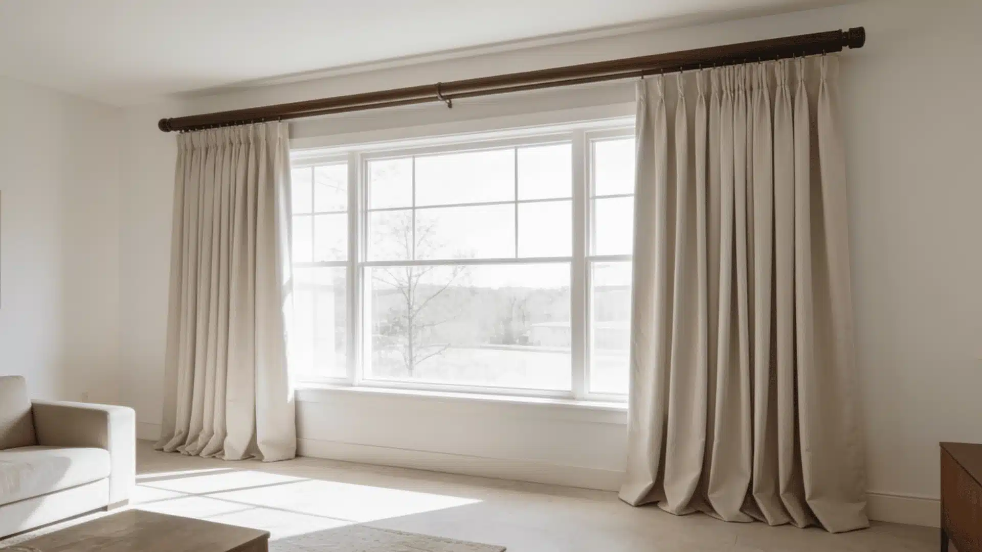 Wide window with full beige curtains and extended curtain rod over frame