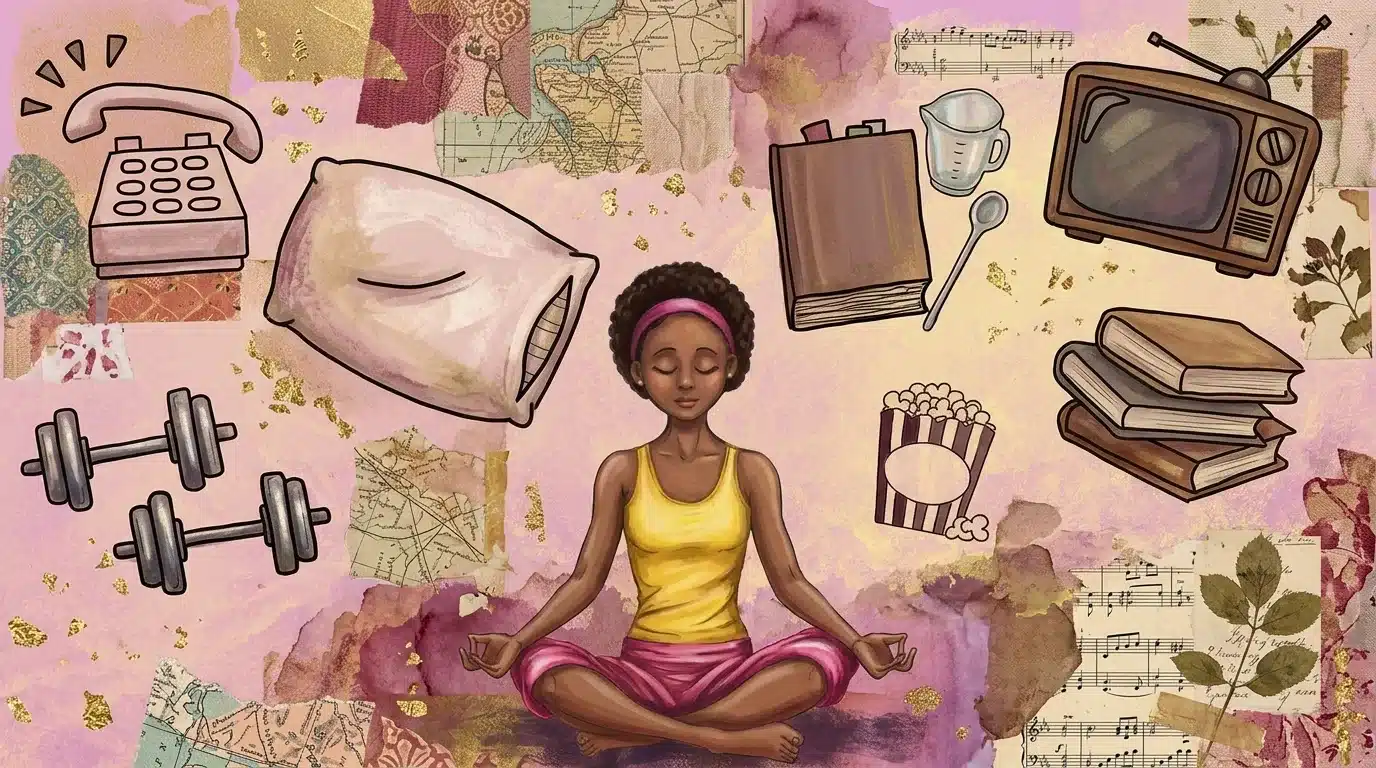 A woman in a lotus position, surrounded by colorful objects, exudes tranquility and mindfulness in a serene setting.