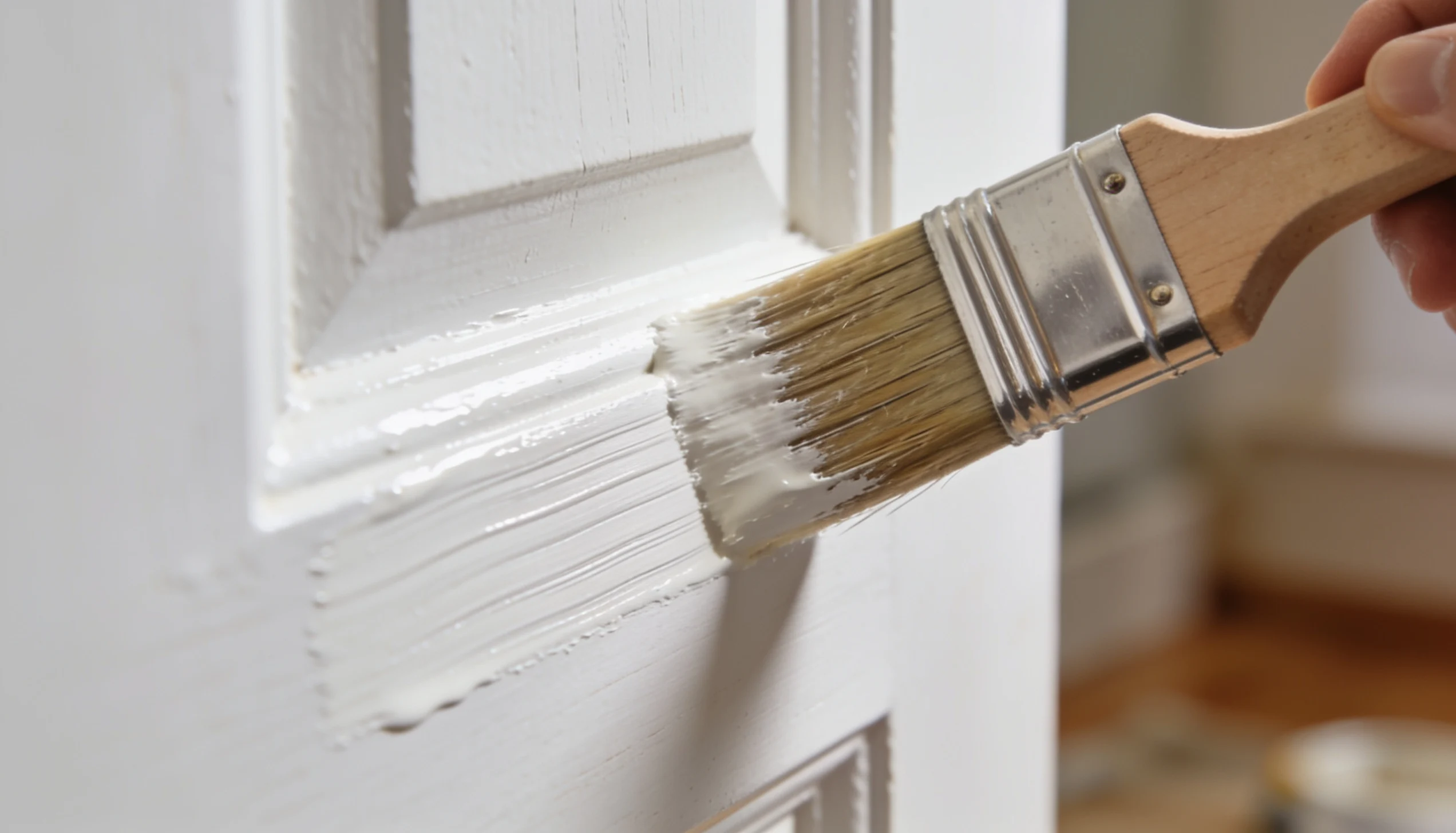 Paintbrush loaded with white trim paint applying a smooth coat to an interior door trim