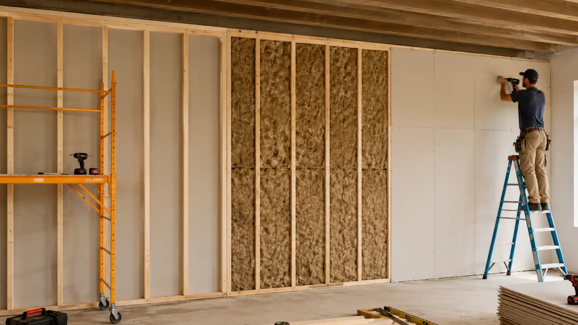 Construction worker installs drywall over insulation on a wooden frame wall while standing on a ladder