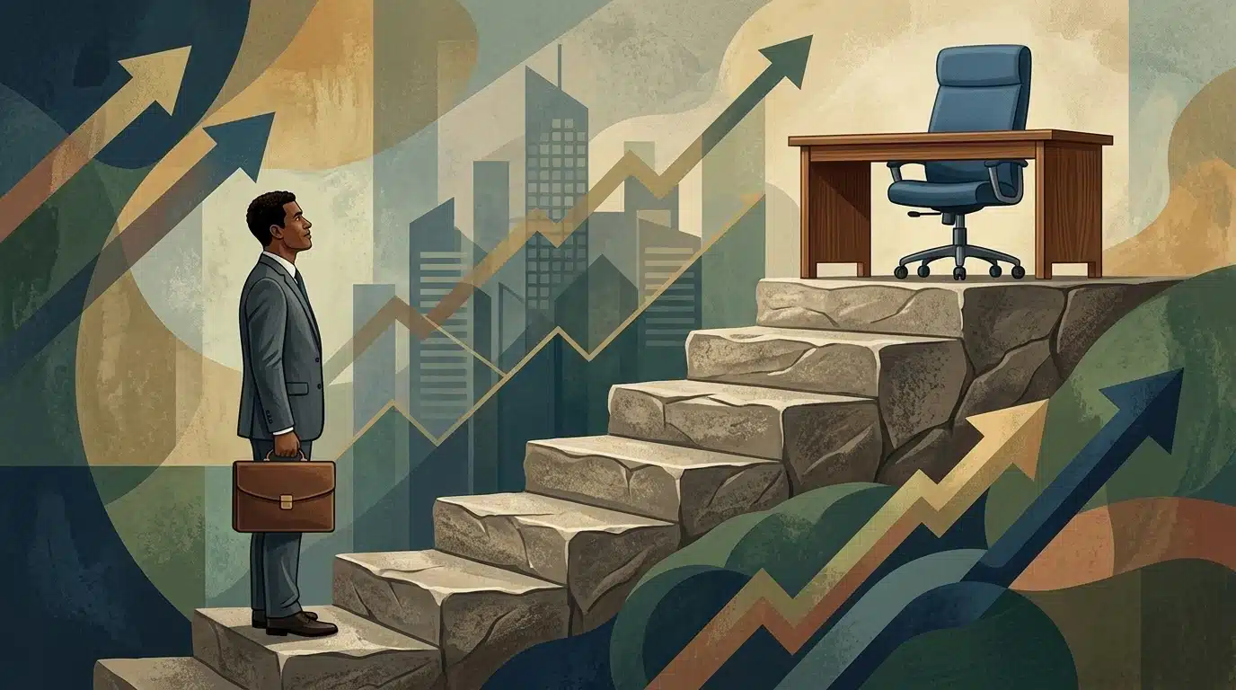 A suited man stands on stairs next to an office chair, accompanied by an arrow pointing upward, symbolizing advancement.