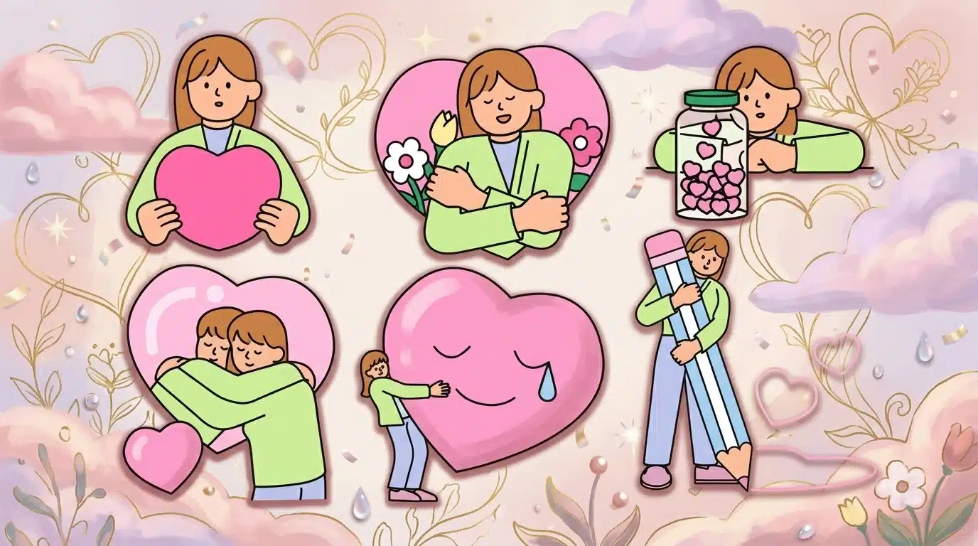  A collection of stickers featuring a woman embracing a heart, symbolizing love and affection