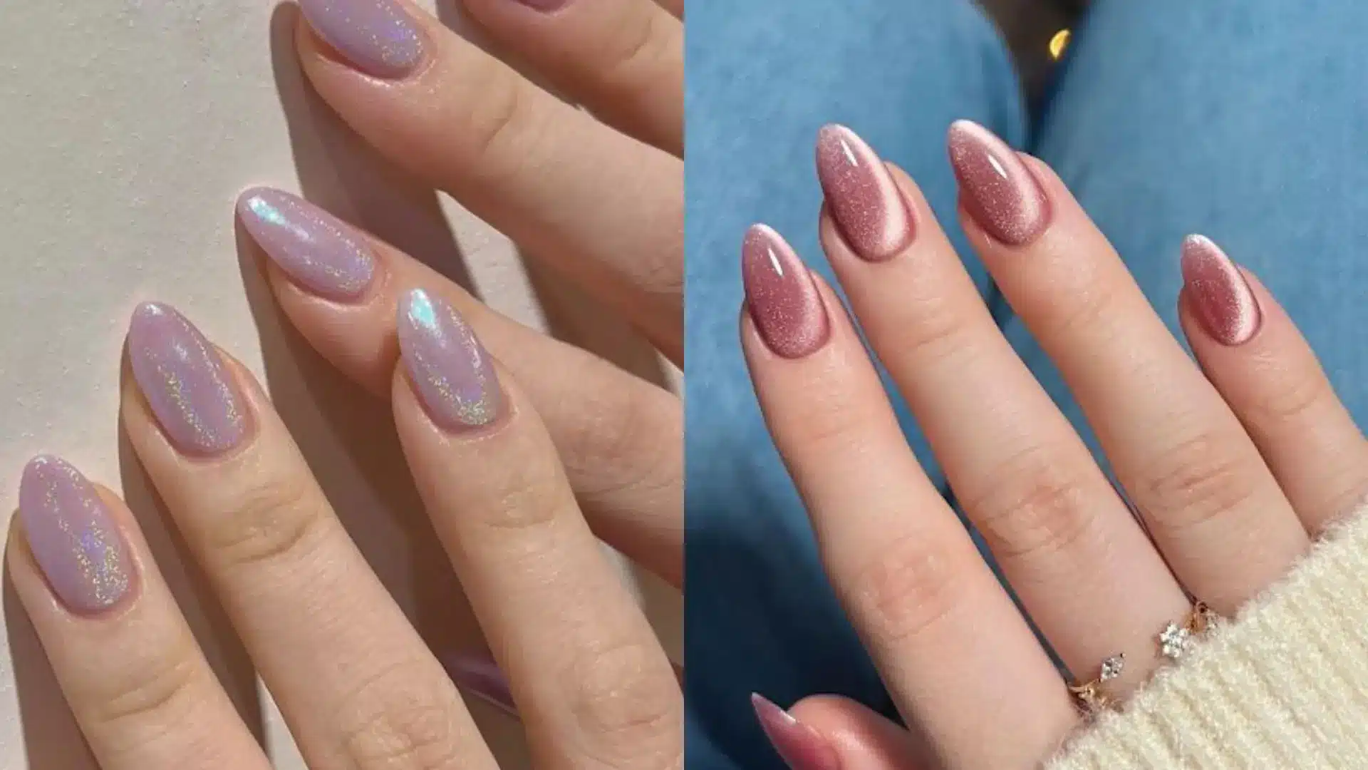 Subtle glossy pastel nails in soft pink and lilac shades on almond shape side by side