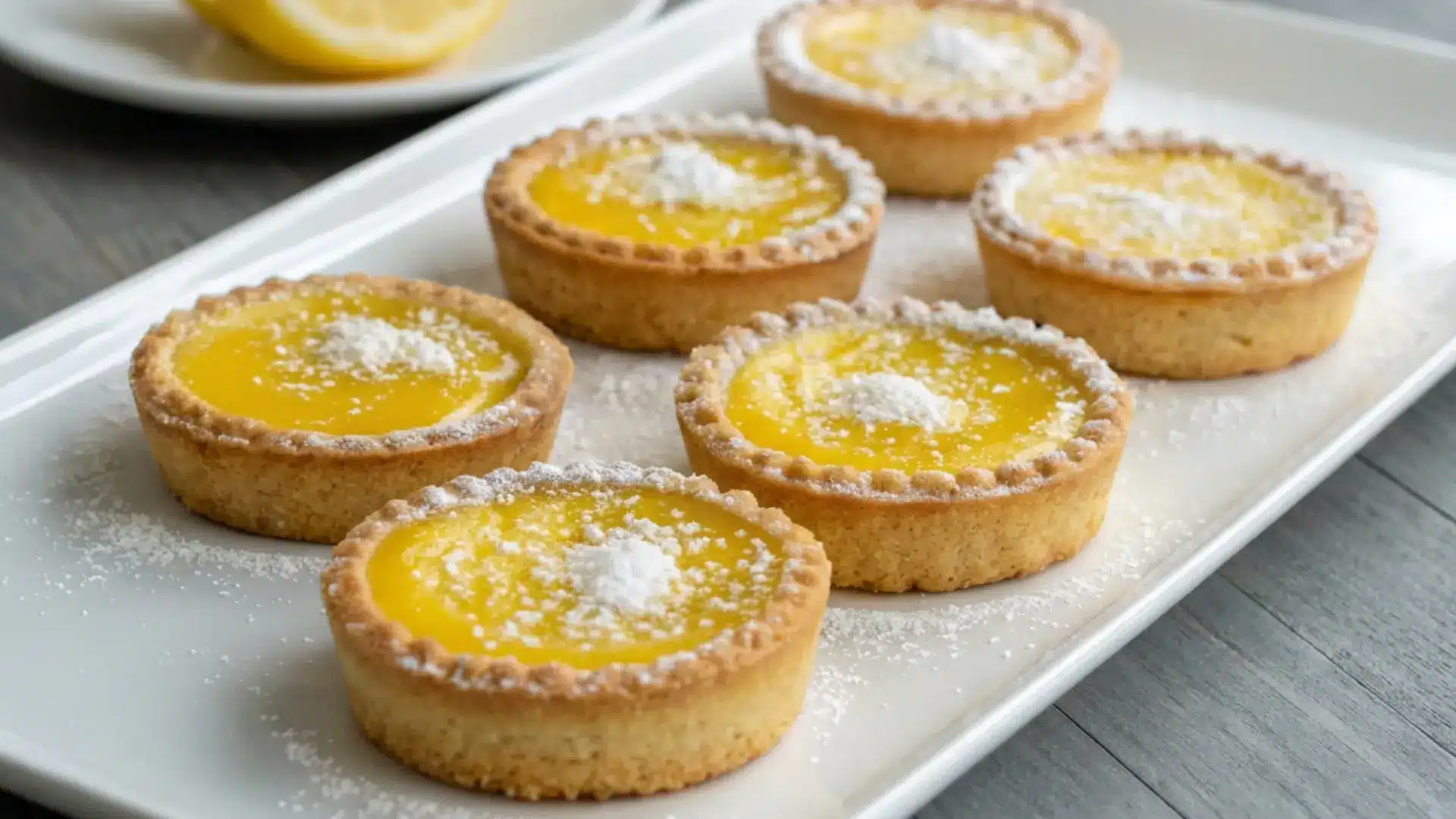 six lemon curd tarts with golden pastry shells dusted with powdered sugar on a white platter