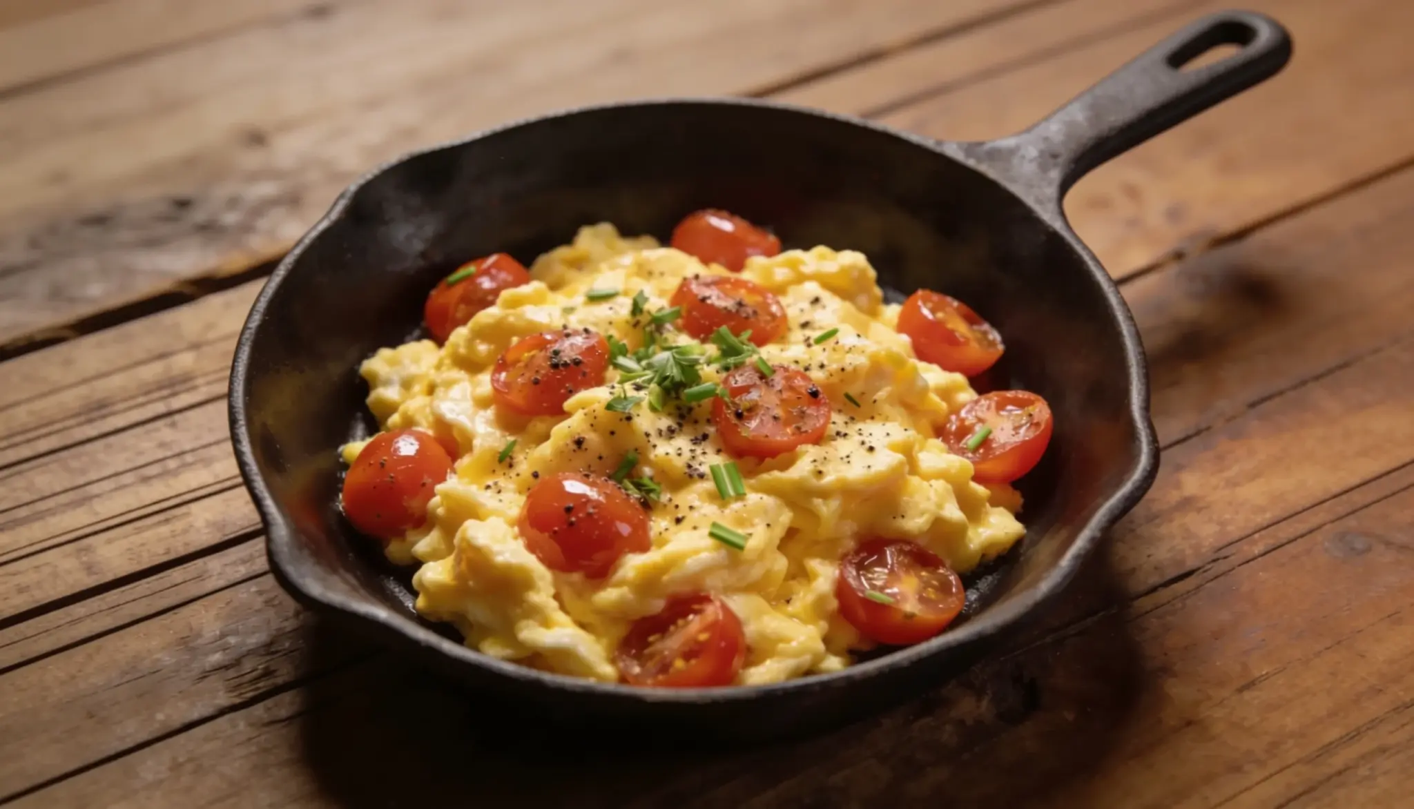Scrambled eggs with cherry tomatoes and chives in a cast iron skillet on a wooden table.