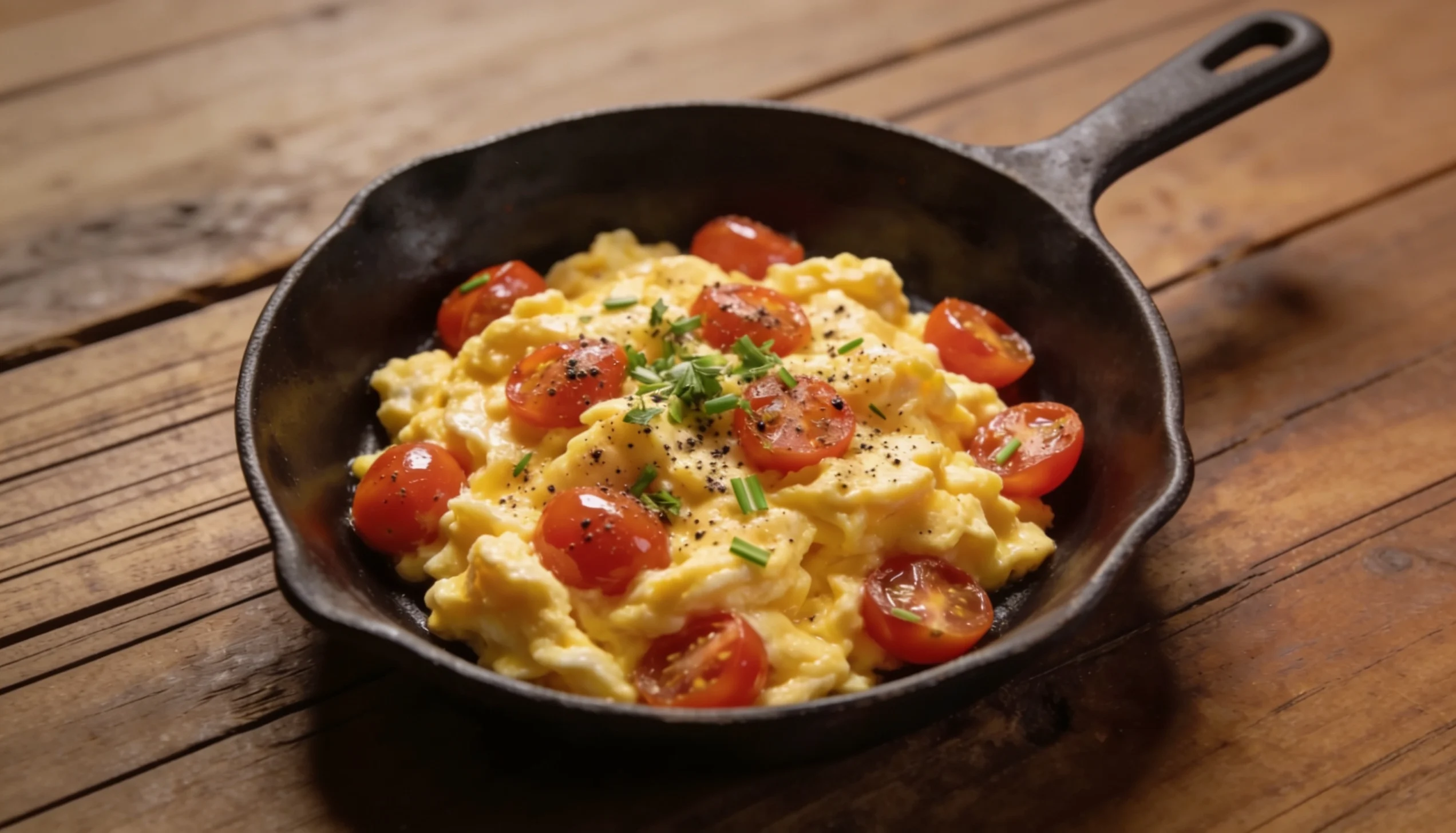 Scrambled eggs with juicy cherry tomatoes, fresh herbs, and cracked black pepper served in a cast-iron skillet.