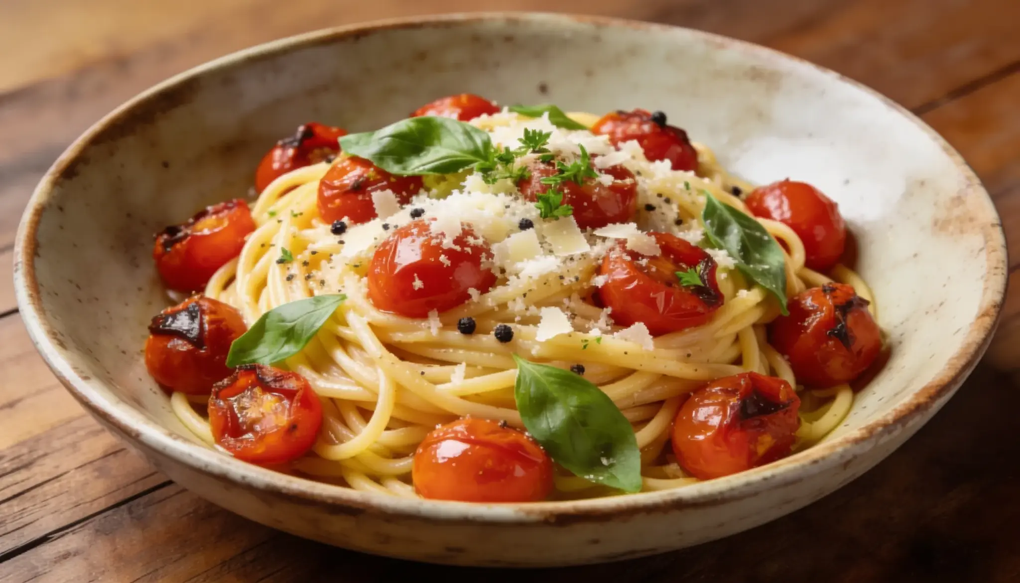 Spaghetti topped with roasted cherry tomatoes, shredded parmesan cheese, fresh basil leaves, and cracked black pepper.