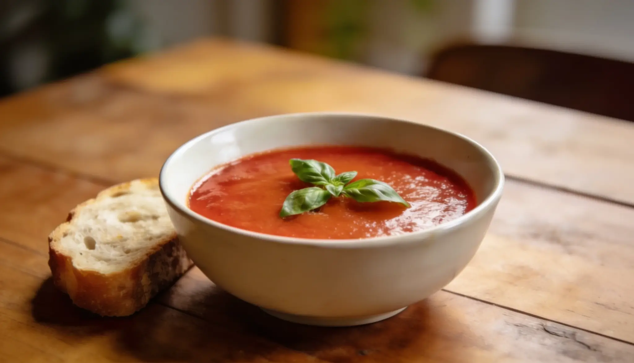 A bowl of creamy tomato soup garnished with fresh basil, served with a slice of crusty bread on a rustic wooden table. A warm, comforting meal with a simple, homemade presentation.
