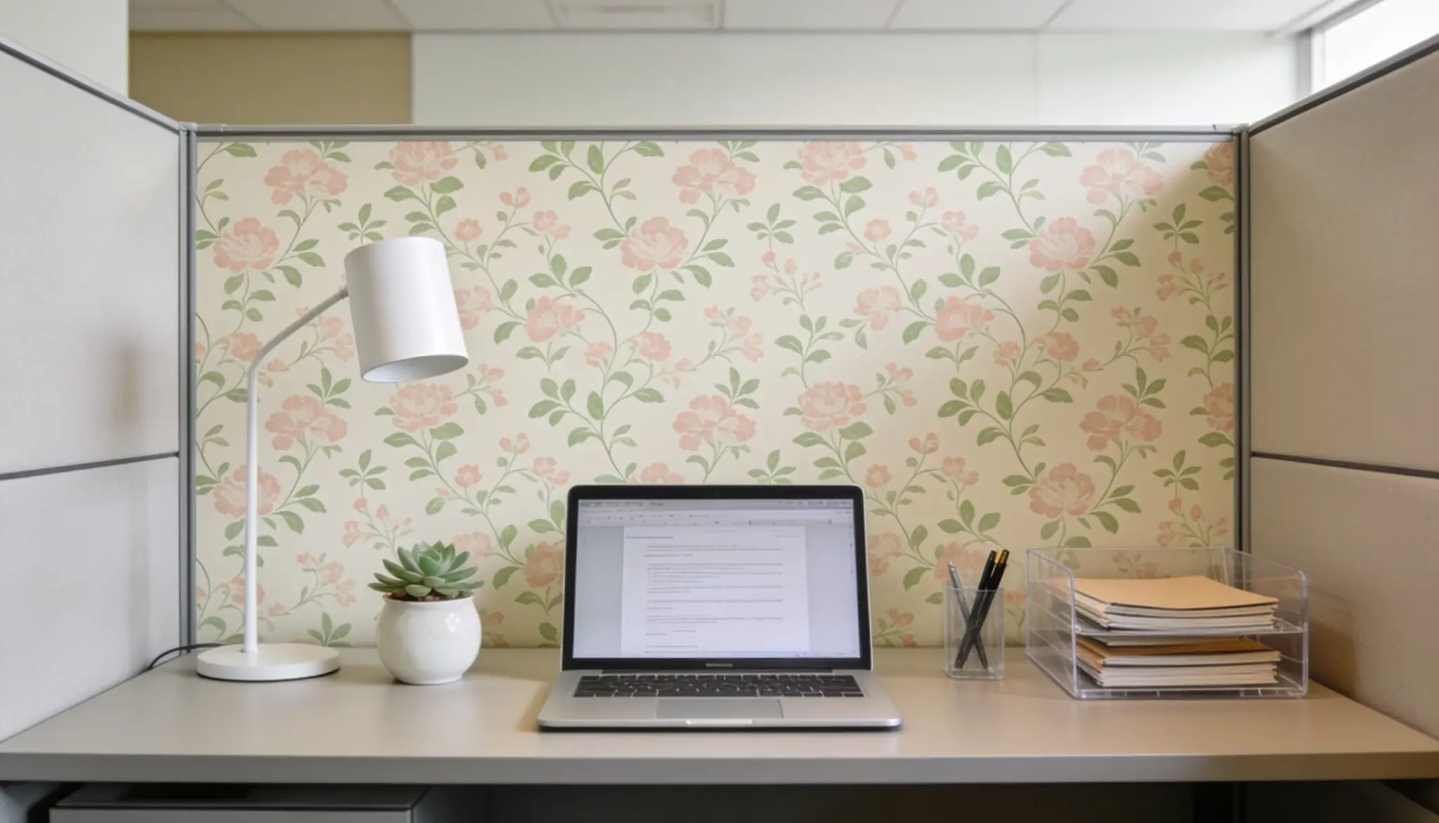 A modern desk setup with an open laptop and a decorative plant, enhancing the work environment.