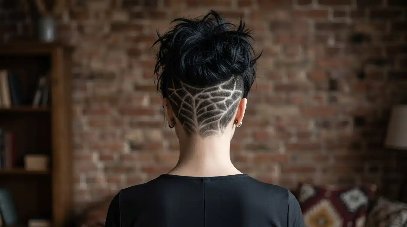 Back view of an undercut with a spiderweb pattern shaved into the nape.