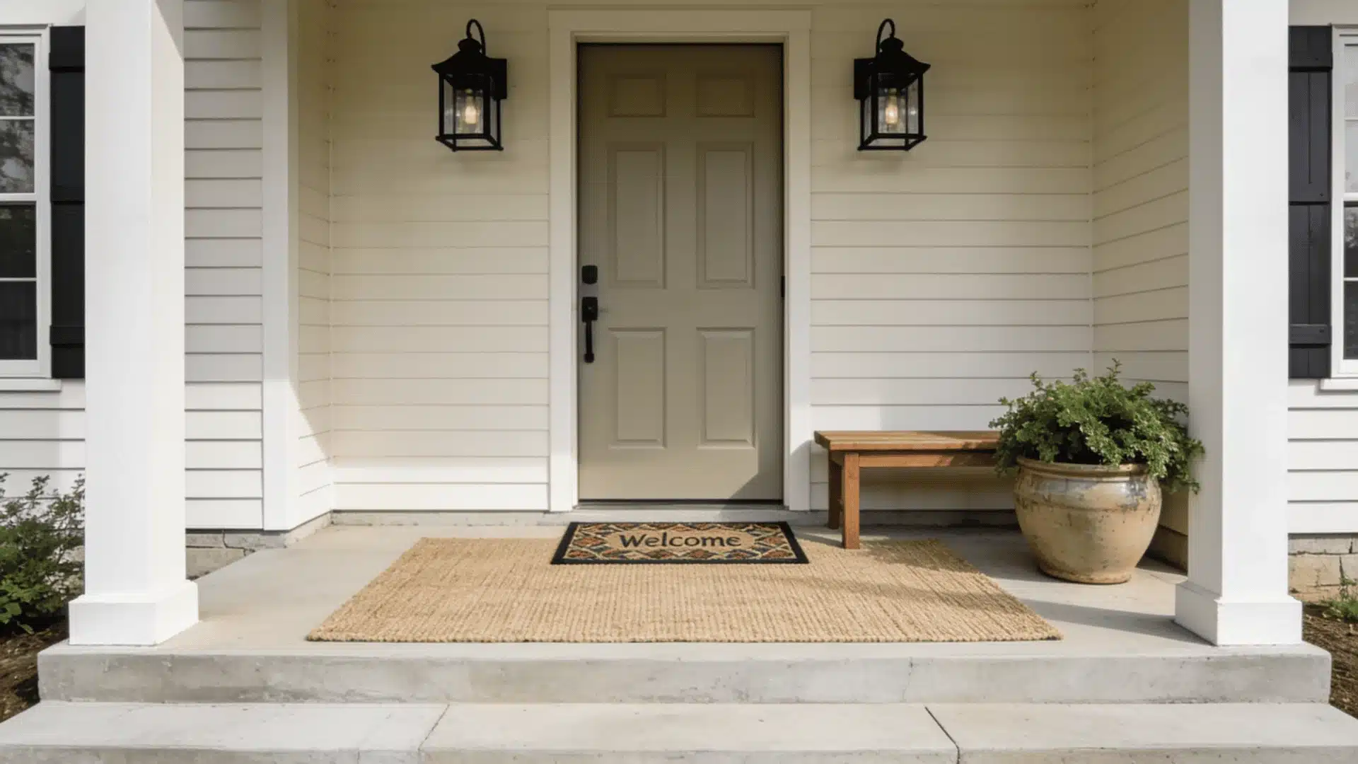  Layered doormats on a welcoming front porch with bench, planter, and black lantern wall lights