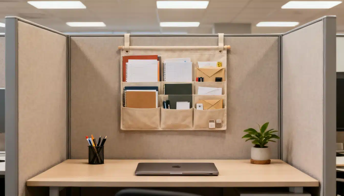 Desk with laptop, pencil cup, potted plant, and hanging wall organizer filled with office supplies in a cubicle.
