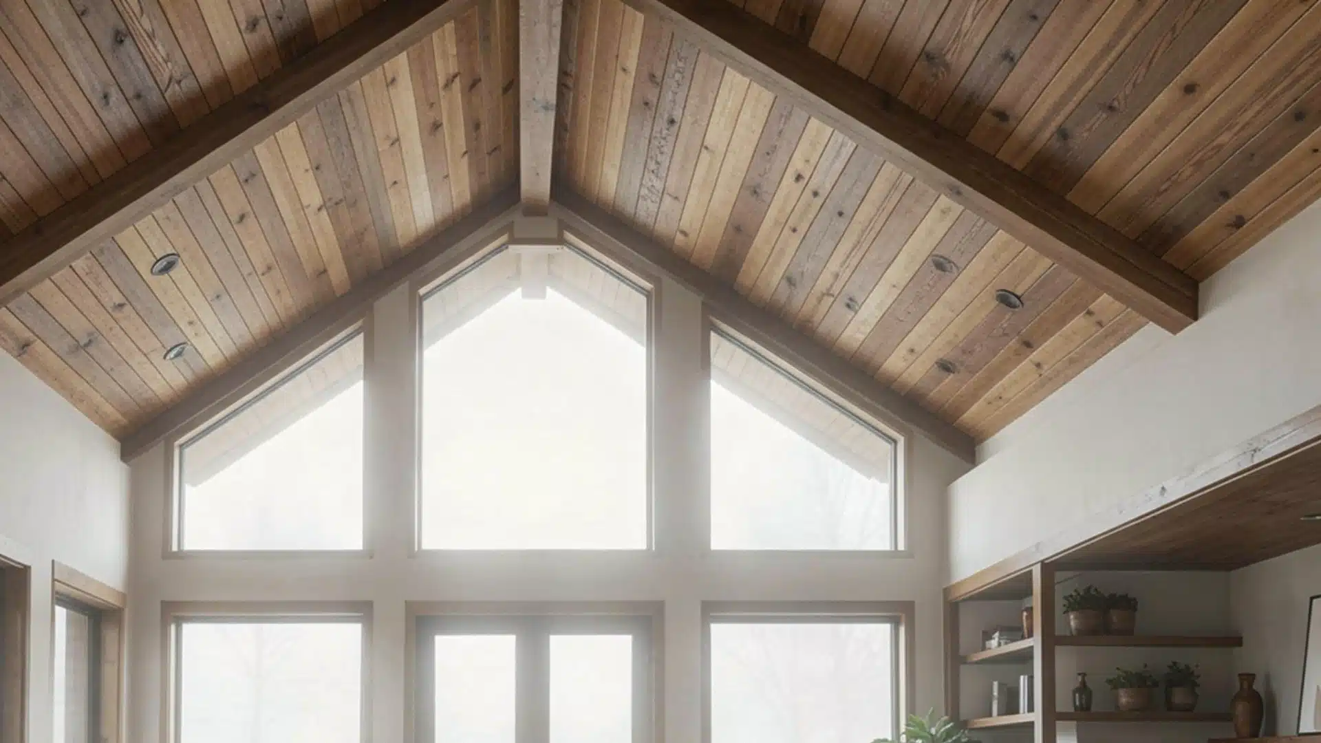 A cozy living room showcasing wooden ceilings and generous windows, enhancing the room's openness and warmth.