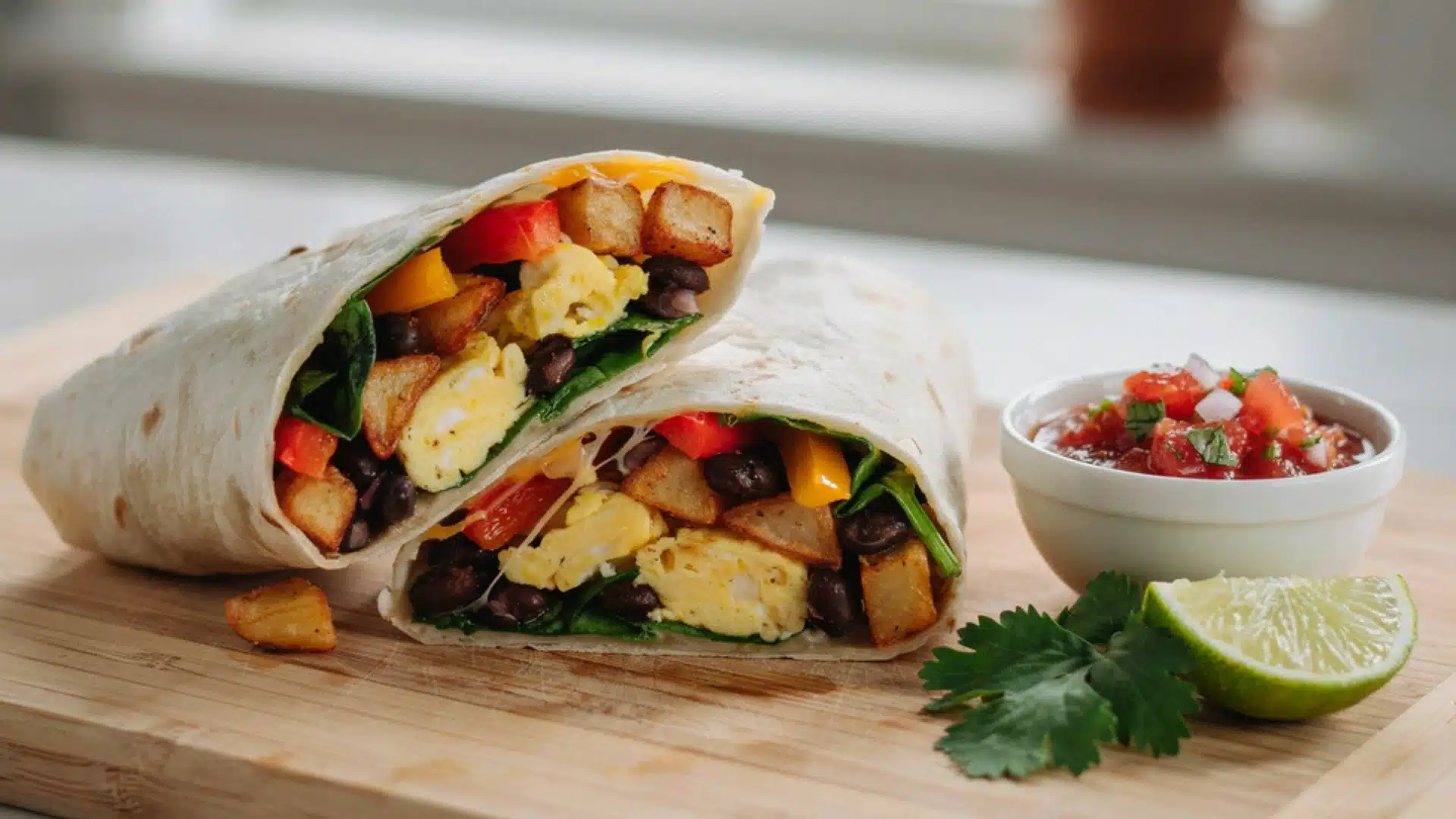 A sliced breakfast burrito with eggs, potatoes, black beans, spinach, and bell peppers, served with salsa and a lime wedge on a wooden board.