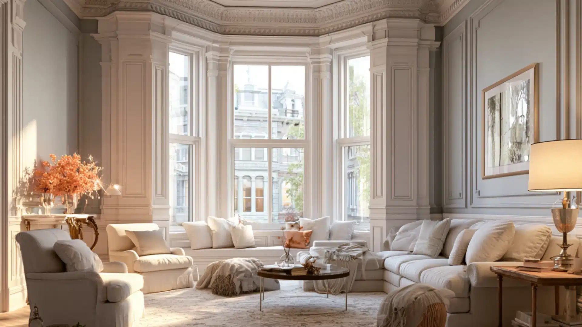 Victorian bay window with ornate layered casing, wide decorative trim, and stacked moldings featuring bead and ovolo details.