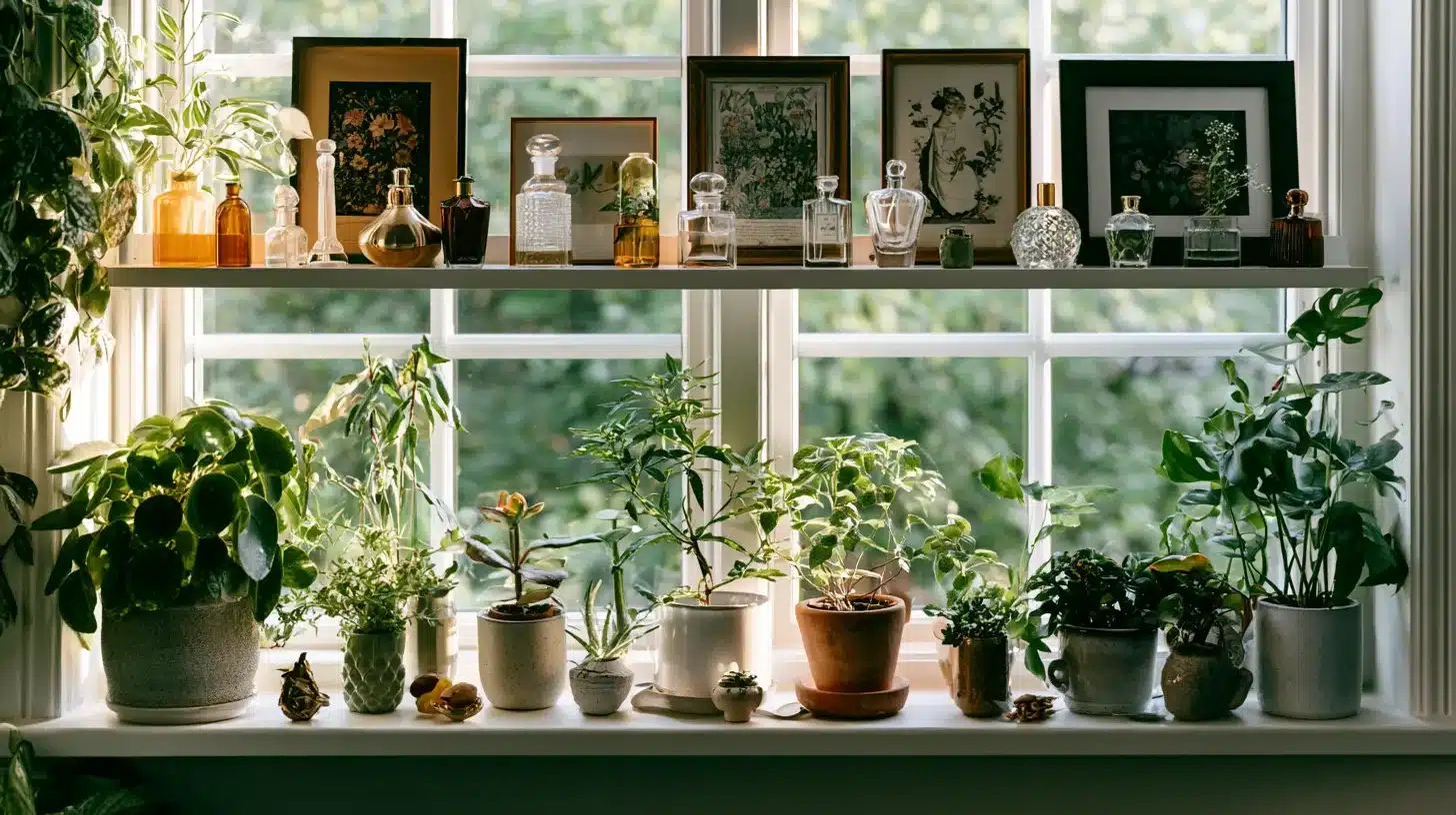Window sill and floating shelf styled with houseplants, perfume bottles, and framed artwork in bright natural light.