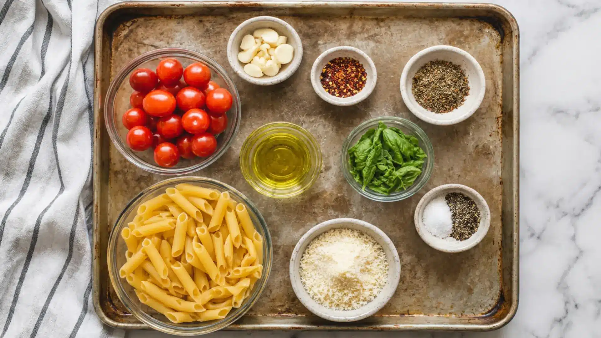 ingredients for cherry tomato pasta including fresh tomatoes, olive oil, pasta, basil, and spices on a baking tray