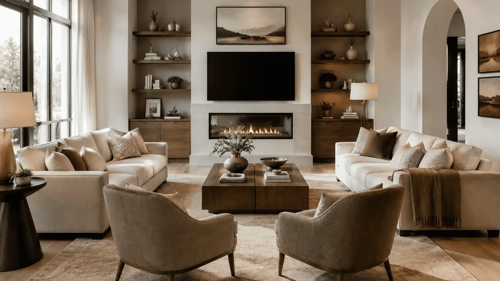 Modern living room with sofa seating, fireplace TV wall, balanced furniture and natural light