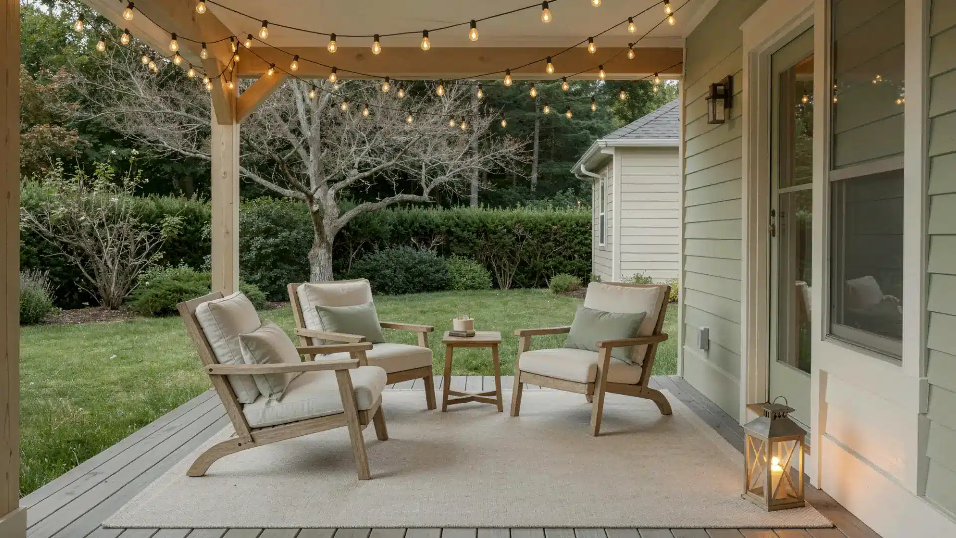 Three chairs and a small table sit on a rug under a patio roof strung with globe lights, overlooking a grassy yard