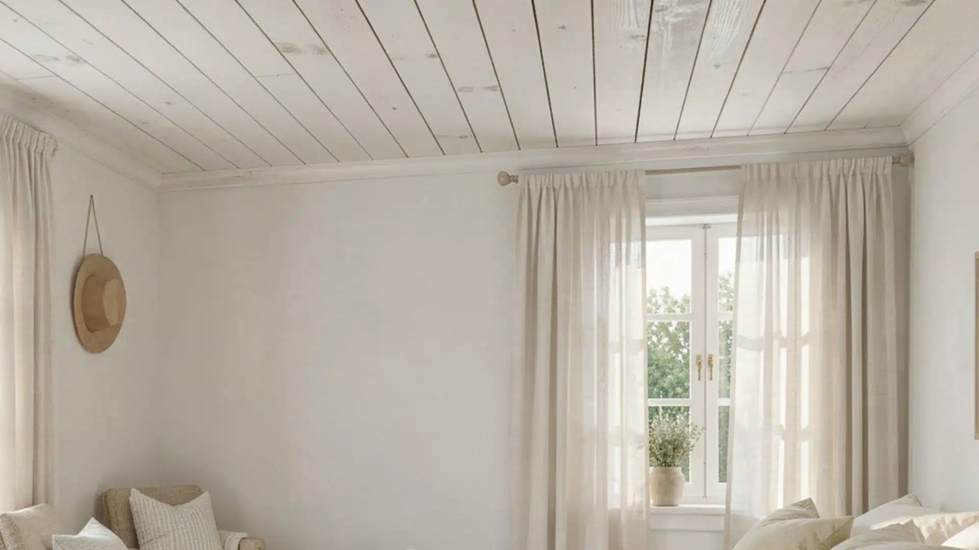 A modern white living room showcasing a wooden ceiling, blending contemporary style with natural elements
