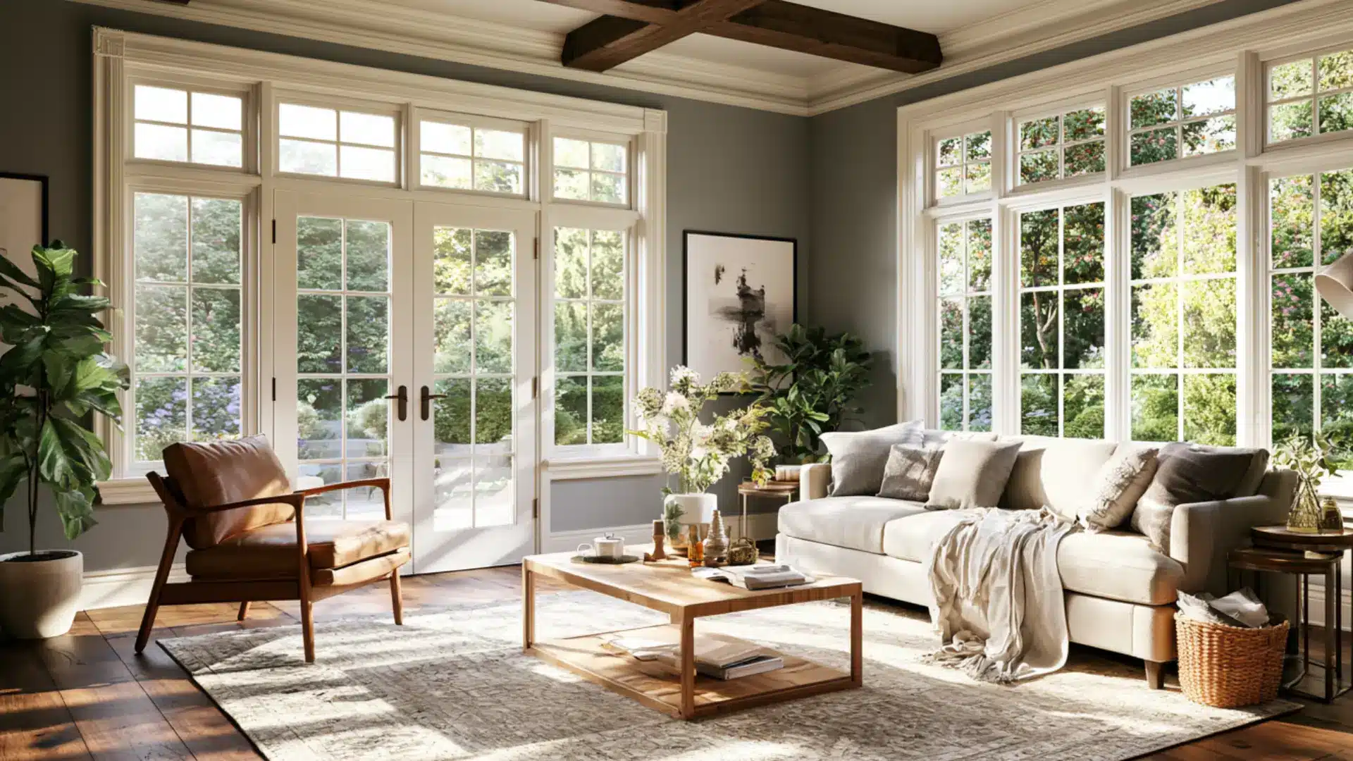 Bright modern living room with large white-trimmed windows, natural sunlight, furniture, and lush garden views.
